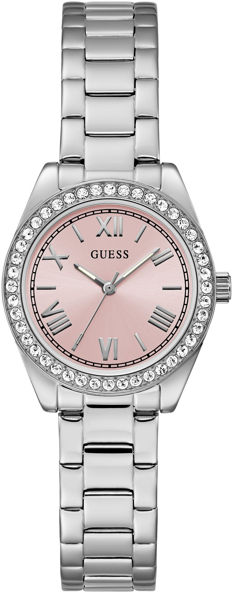 Guess Quarzuhr »MINI LUNA GLITZ«, Armbanduhr, Damenuhr, Edelstahlarmband