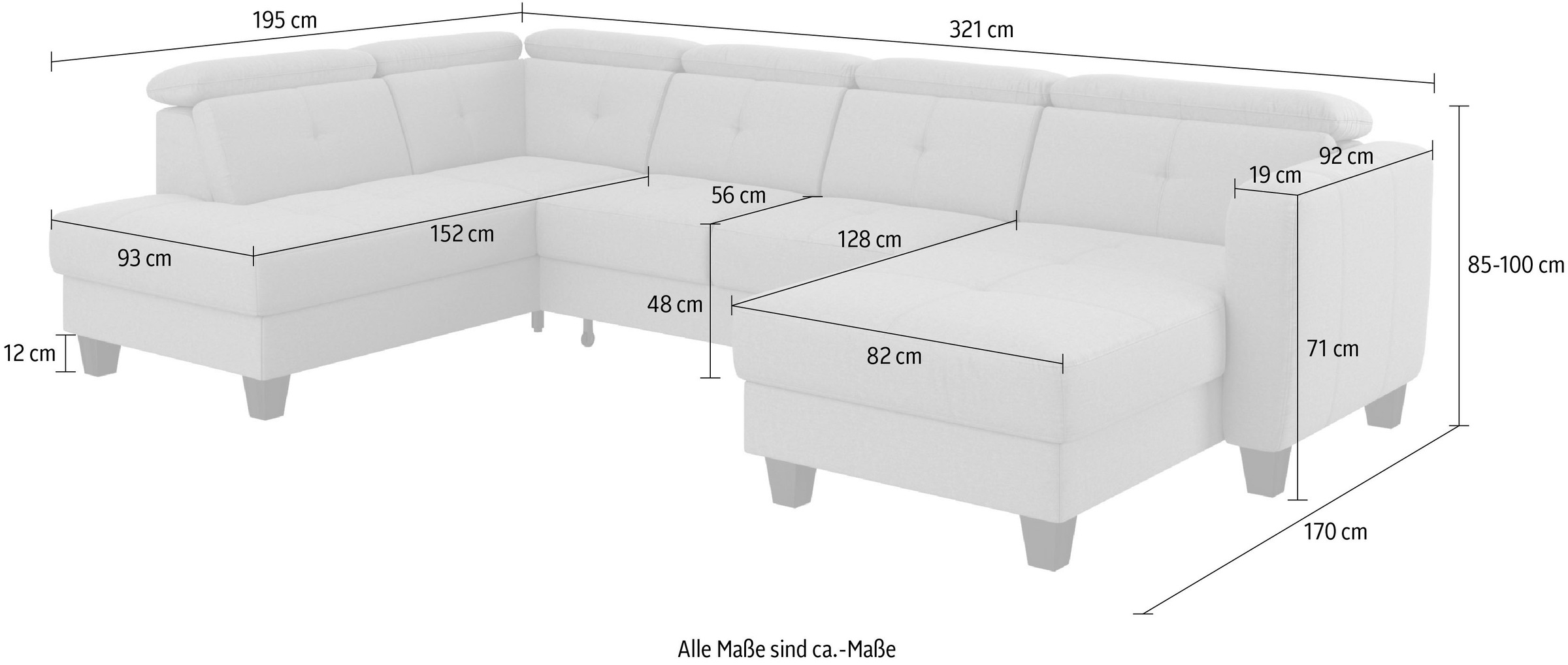 sit&more Wohnlandschaft »Belluci U-Form«, Kopfteilverstellung und Federkern, wahlweise mit Bettfunktion