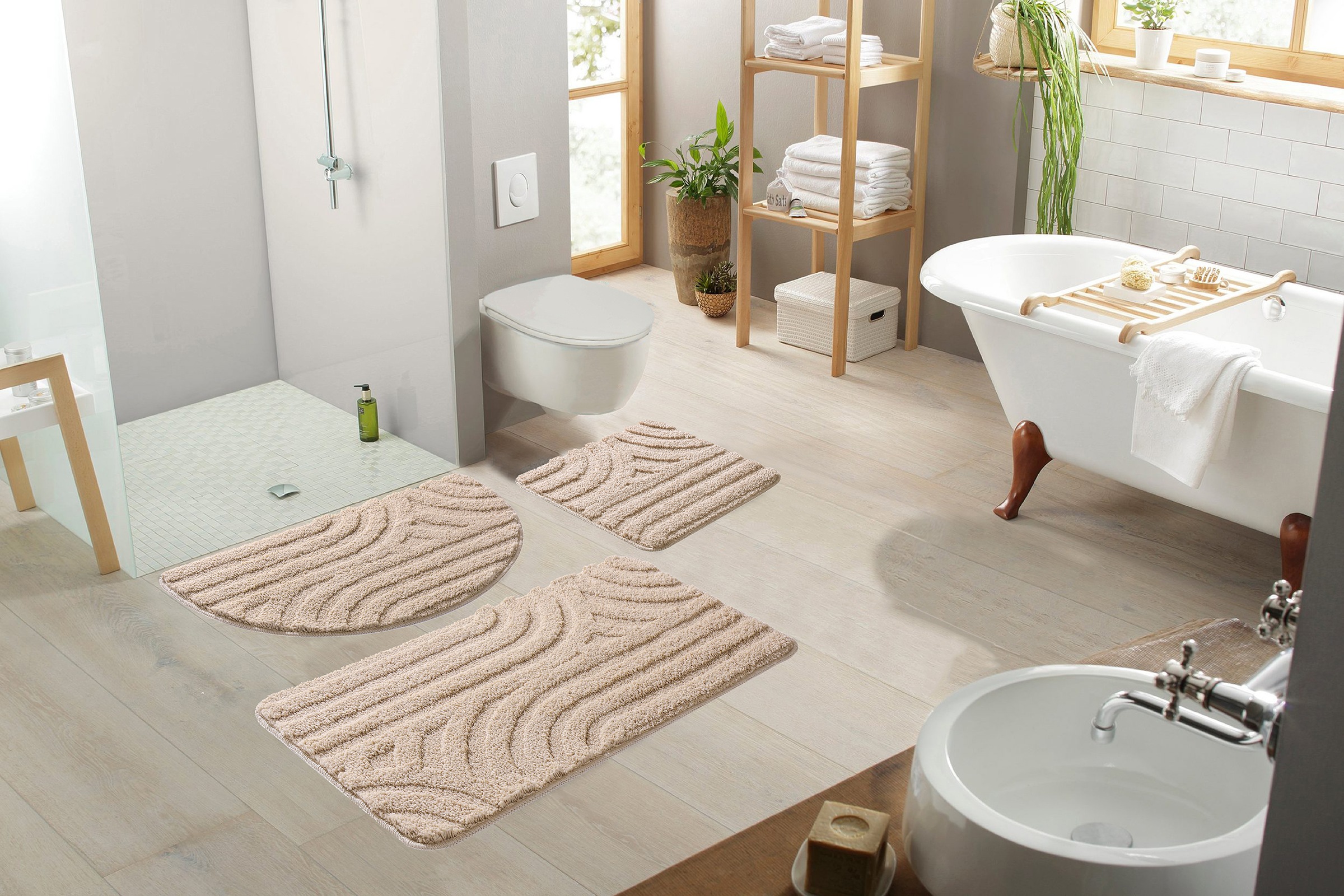 my home Badematte »Sanremo Scandi, Badvorleger, Badezimmer Teppich, Duschvorleger«, rutschhemmend beschichtet, strapazierfähig, Badteppich, Uni Farben, Hoch-Tief-Effekt, modernes Muster, Boho