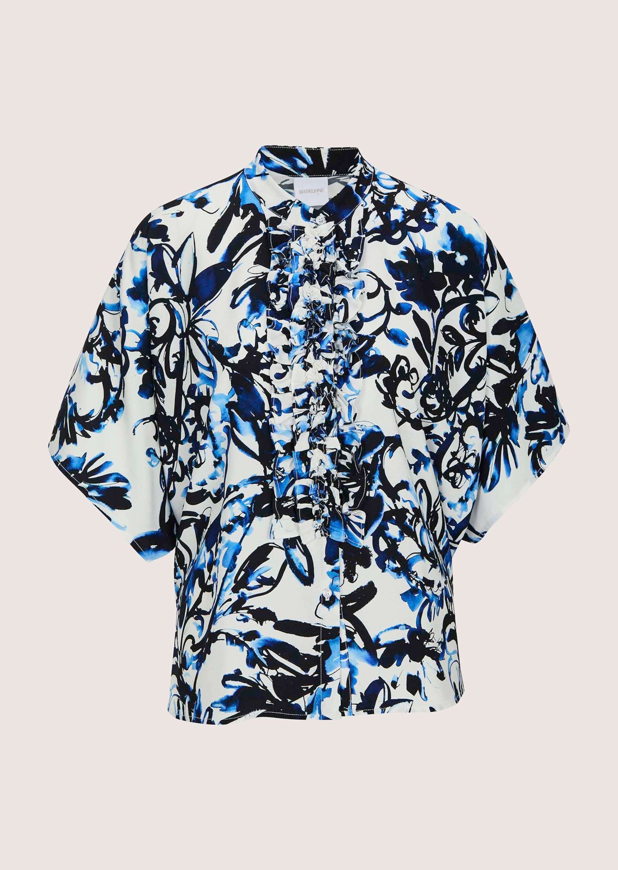 MADELEINE Kurzarmbluse "Blusenshirt Oversized-Bluse mit Rüschen" Bluse mit Rüschendekoration an der Knopfleiste