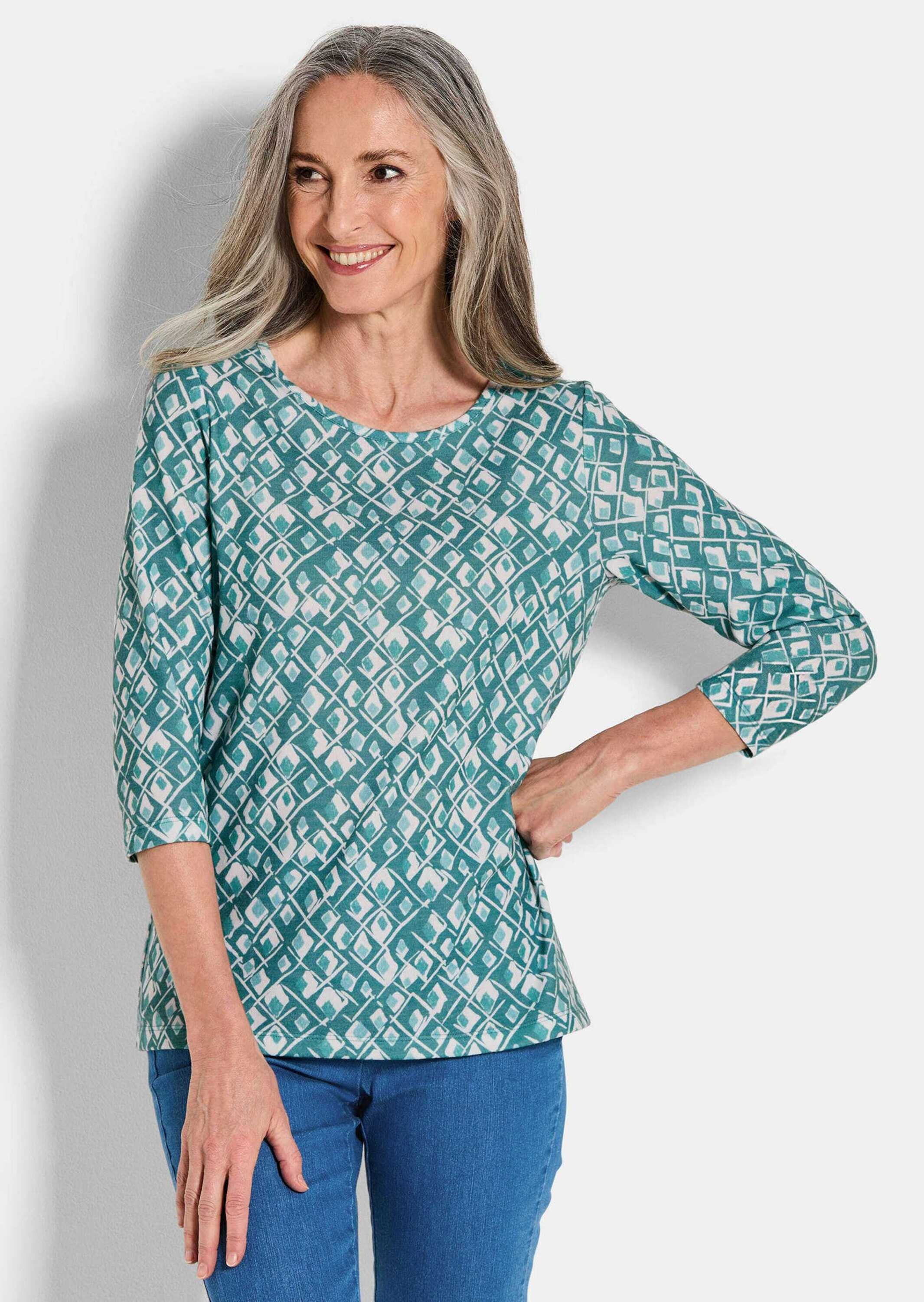 Print-Shirt GOLDNER "Halbarm Viskoseshirt im Allover-Design", Damen, Gr. 38, grün (graugrün, gemustert), Obermaterial: 80% Polyester PES. 15% Viskose CV. 5% Elasthan EL., Shirts, U-Boot-Ausschnitt 2