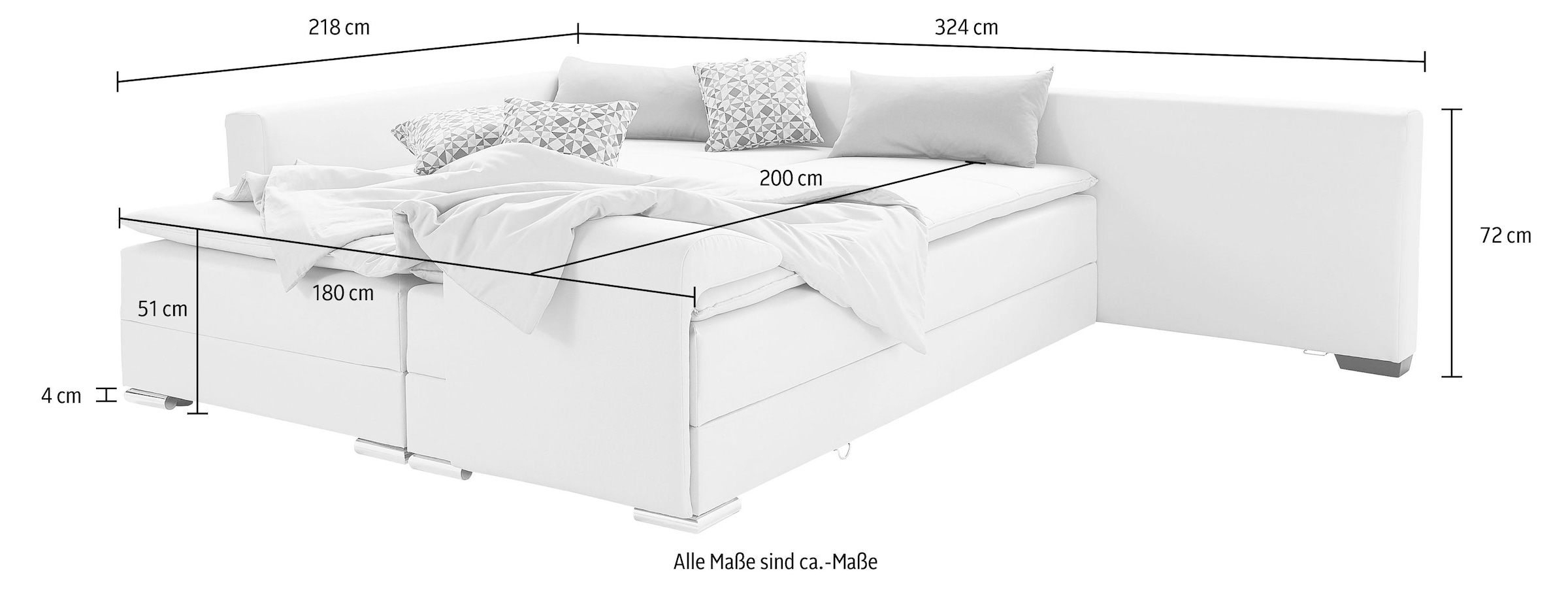INOSIGN Ecksofa »Boxspringbett Night & Day L-Form mit Dauer-Schlaffunktion mit Armlehne«, mit Boxspring-Bettfunktion 180x200 cm und Bettkasten, Dauerschläfer!