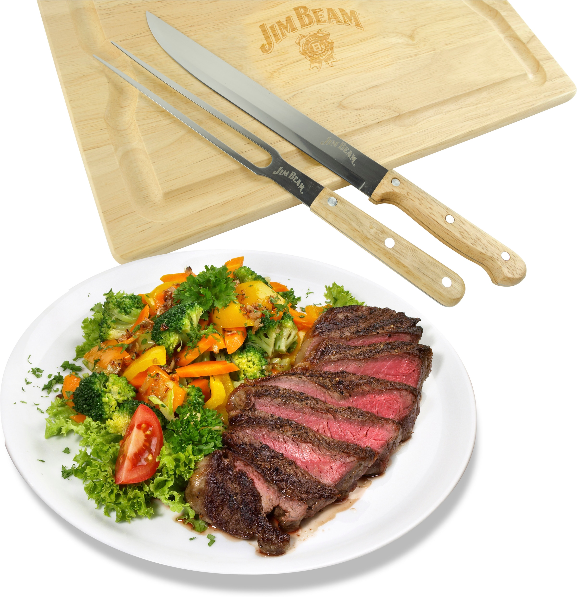 Jim Beam BBQ Schneidebrett »JB0237«, (Set), inkl. Tranchiermesser und Gabel mit Edelstahlklinge und Bambusgriffen