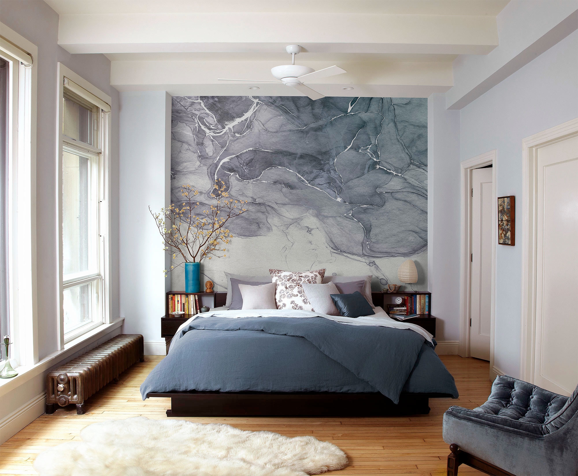 Komar Vliestapete »Digitaldruck Vlies - Ink Blue Fluid - Größe 300 x 280 cm«, bedruckt, Wohnzimmer, Schlafzimmer