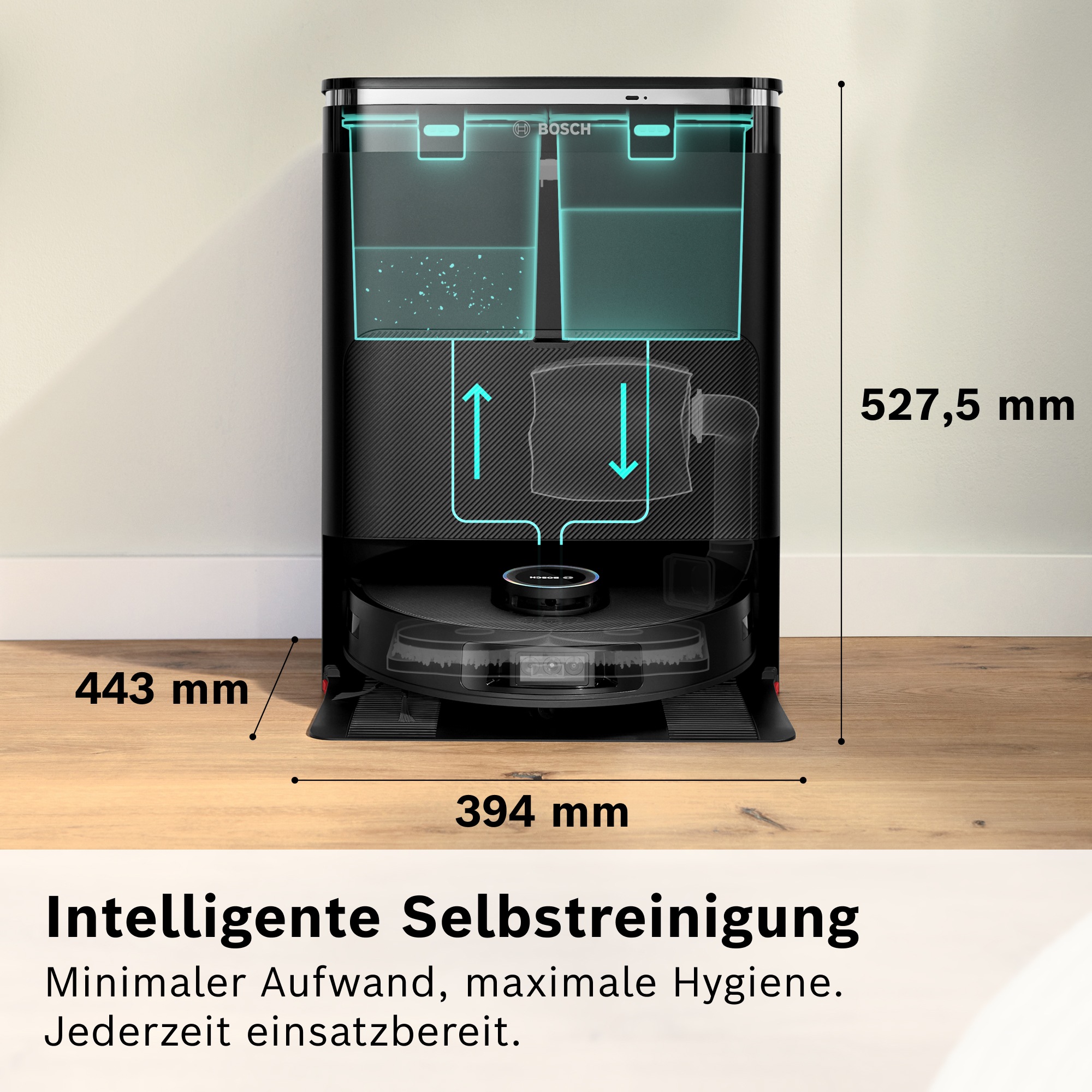 BOSCH Saugroboter »Spotless Max Cam BCRDW3BX, rotierende Wischpads, 70°C Selbstreinigung«, Datensicherheit, 11.000 Pa Saugkraft, Absaugstation, Kamera