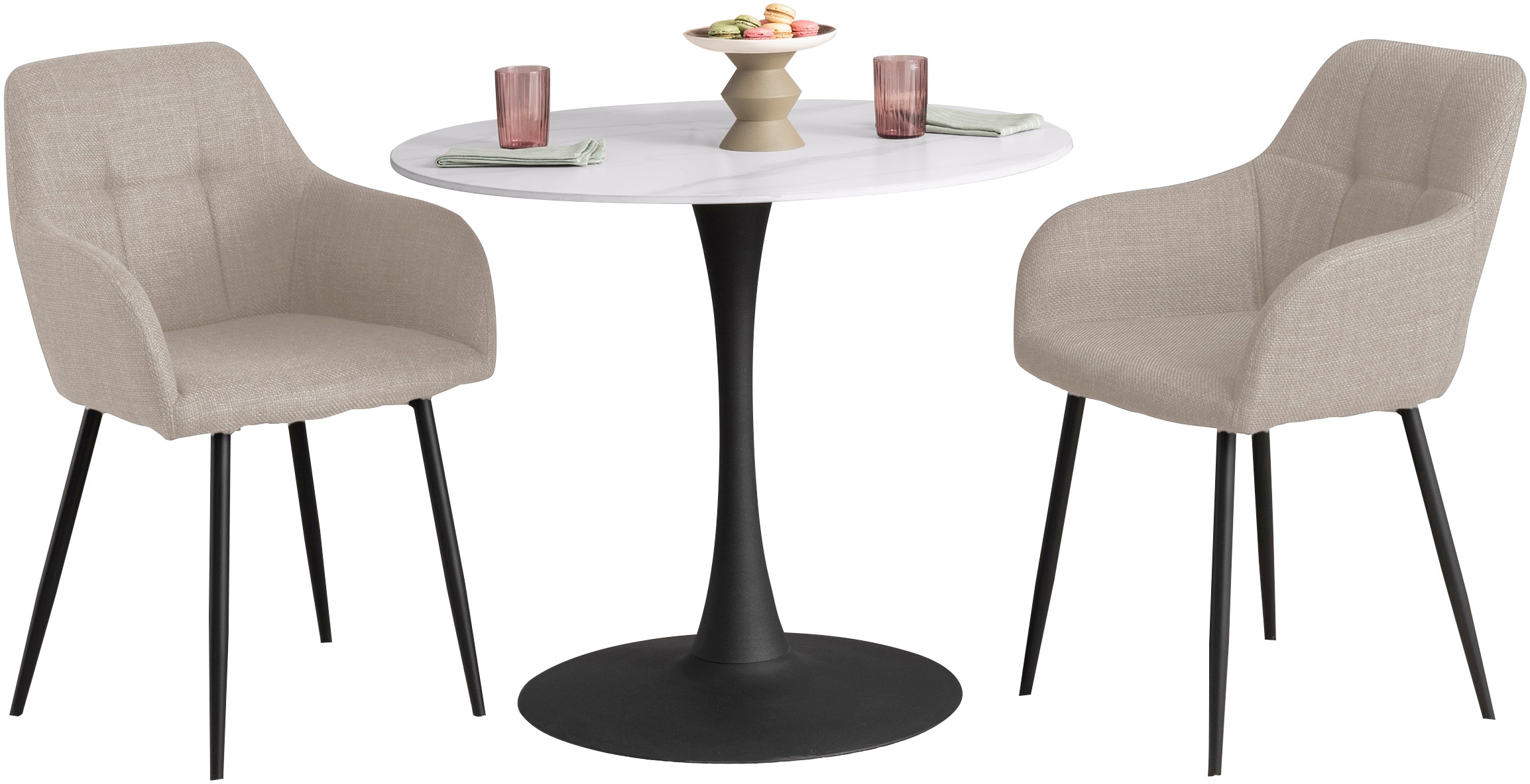 HELA Essgruppe »MOSEL«, (3 tlg.), Tisch 90x75 cm, Platte rund, gesinterter Stein, Armlehnenstuhl