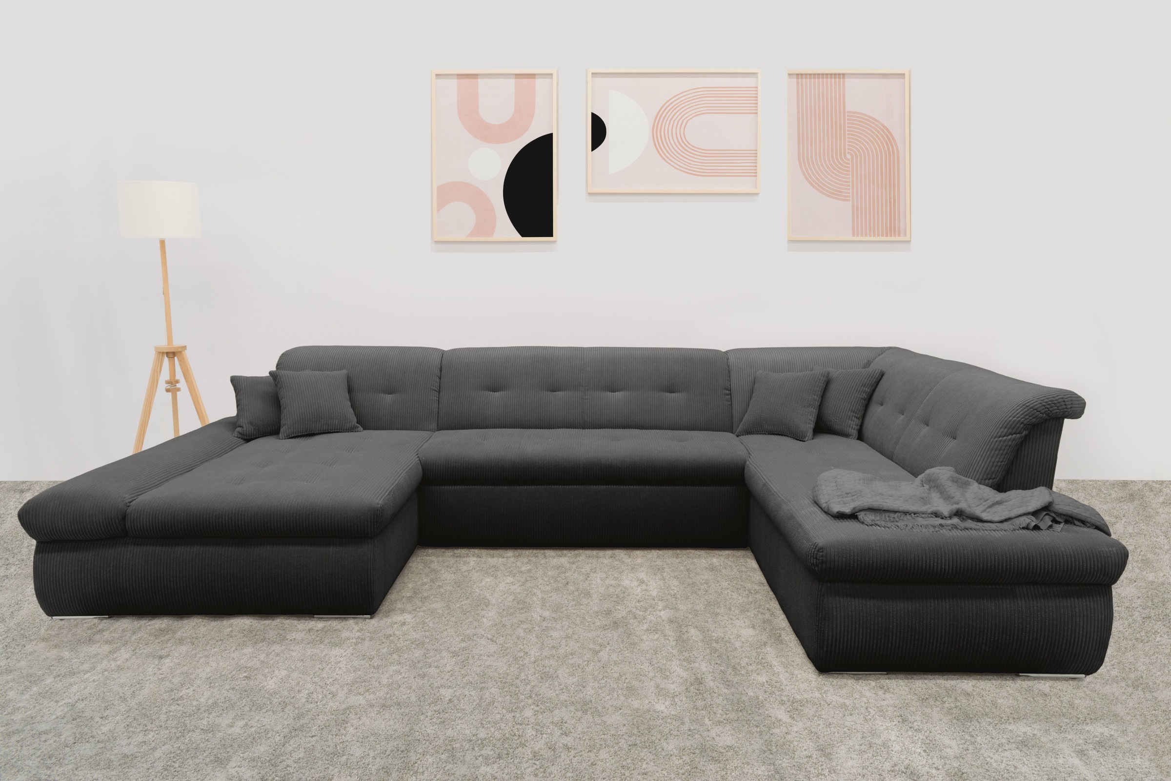 DOMO collection Wohnlandschaft "MORIC 353x216x80 cm, mit viel Platz, U-Form, auch in Cord" im XXL-Format, wahlweise mit Bettfunktion und Armlehnenverstellung