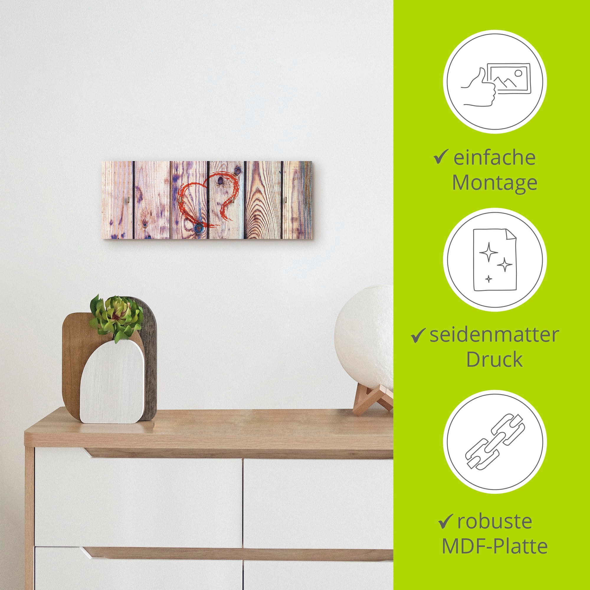 Artland Hakenleiste »Vintage Hintergrund Holzwand mit Herz«, MDF