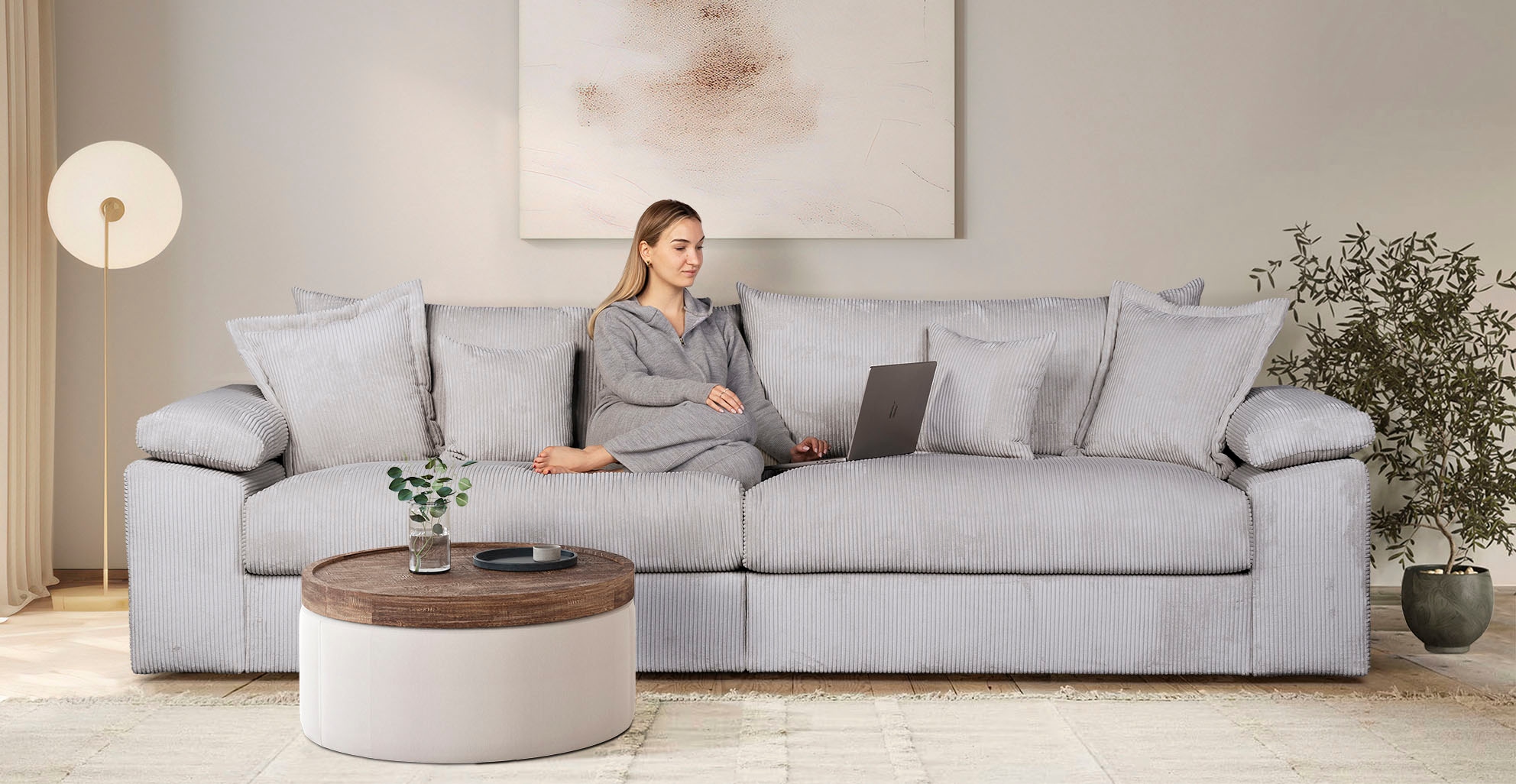 Big-Sofa HOME AFFAIRE, B:303cm T:123cm, grau, 100% Polyester, Sofas, "Soft&Cosy XXL, B: 303 cm - OTTO. Verlässliche Qualität.", Mega-Sofa, Cord oder