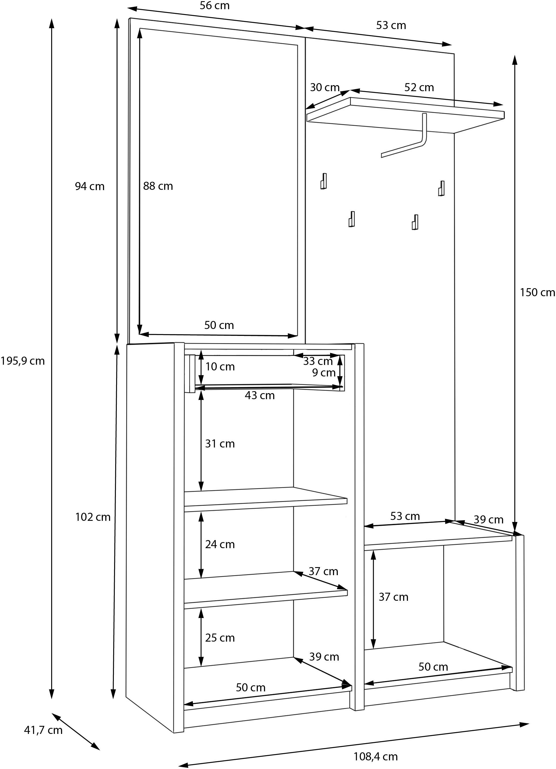 FORTE Kompaktgarderobe, B/H/T 108,4 /195,9/41,7 cm Spiegel, Haken, Kleiderstange