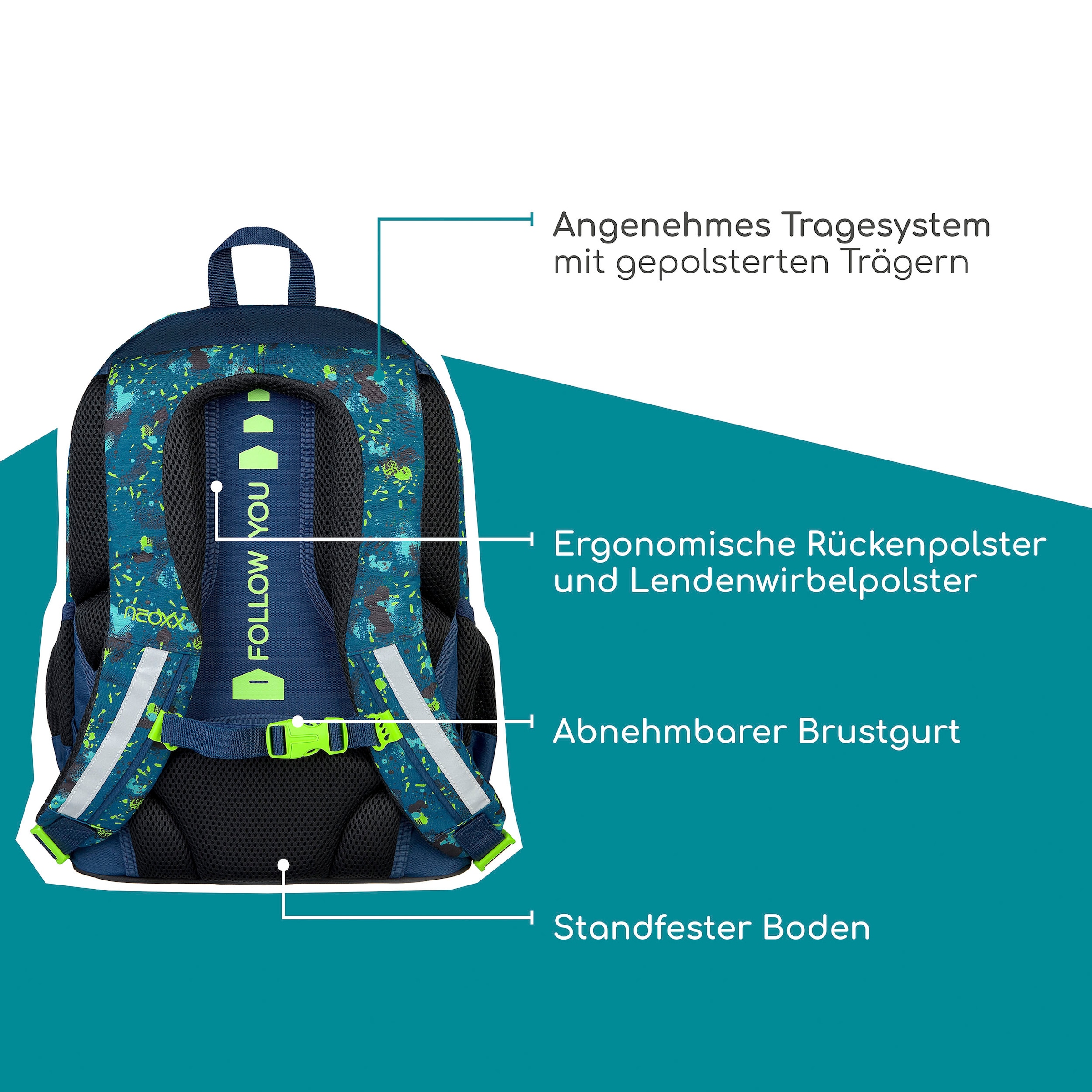 neoxx Schulrucksack »Flow, Petrol Extreme«, teilweise aus recyceltem Material