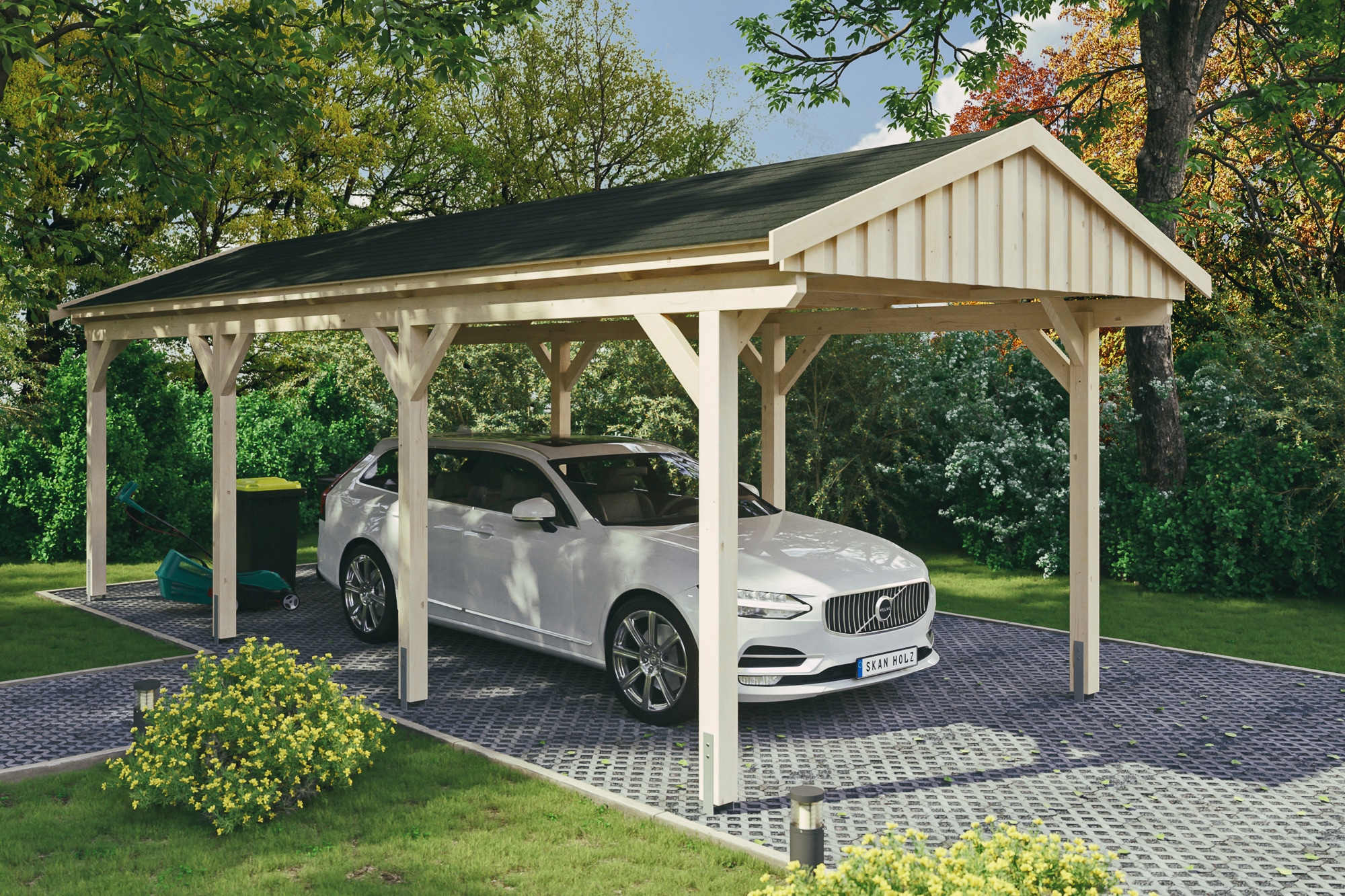 Skanholz Einzelcarport "Fichtelberg", Leimholz-Nordisches Fichtenholz, natur, mit schwarzen Schindeln