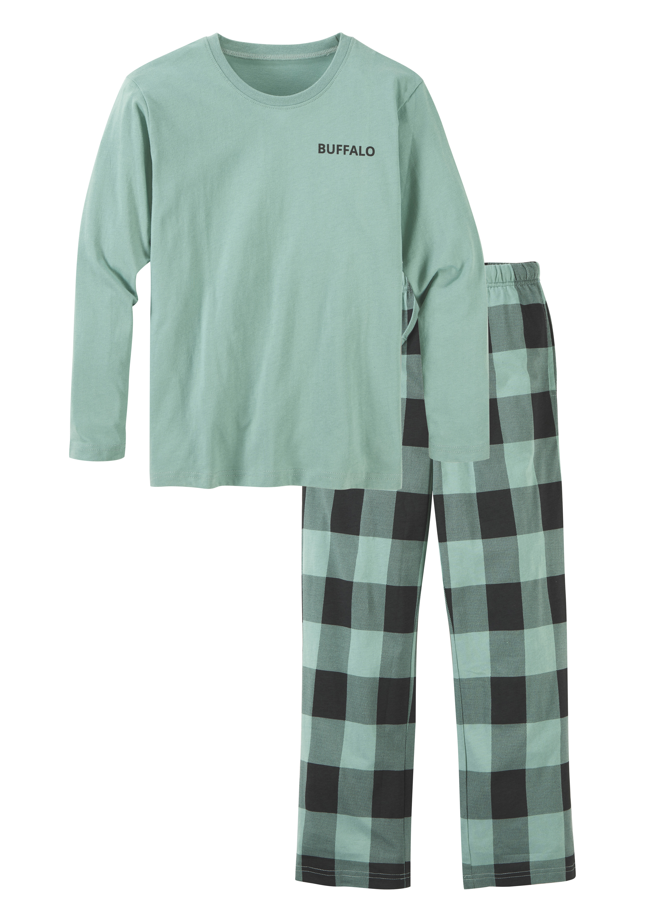 Buffalo Pyjama Packung, 2 tlg. langer Schlafanzug, unifarben und kariert, aus Baumwolle