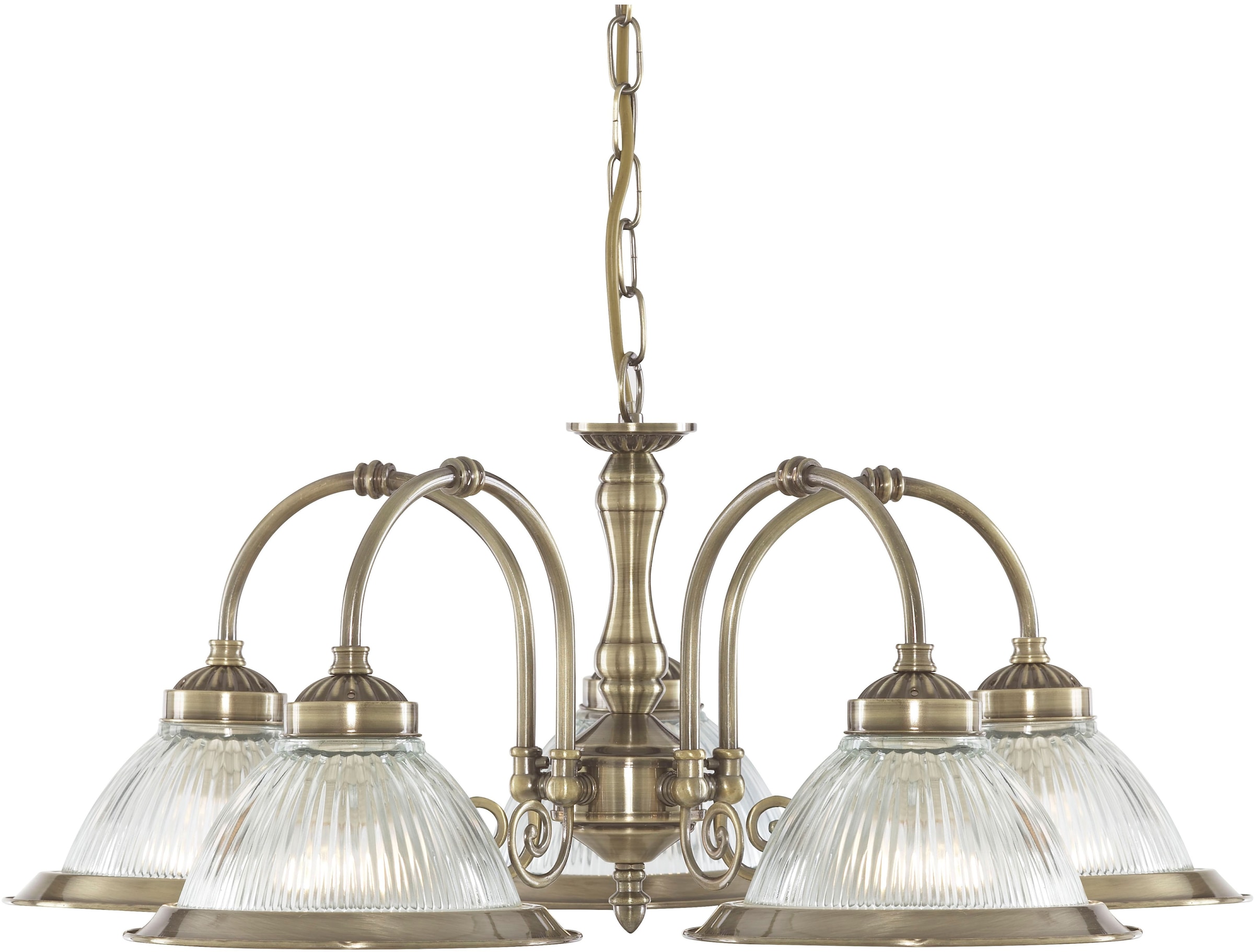 SEARCHLIGHT Hängeleuchte "American Diner 5Lt Pendant - Antique Brass & Ribbed Glass", 5, Ø 62cm H: 28cm, 1 Stk., gold, Wohnzimmer, Leuchten