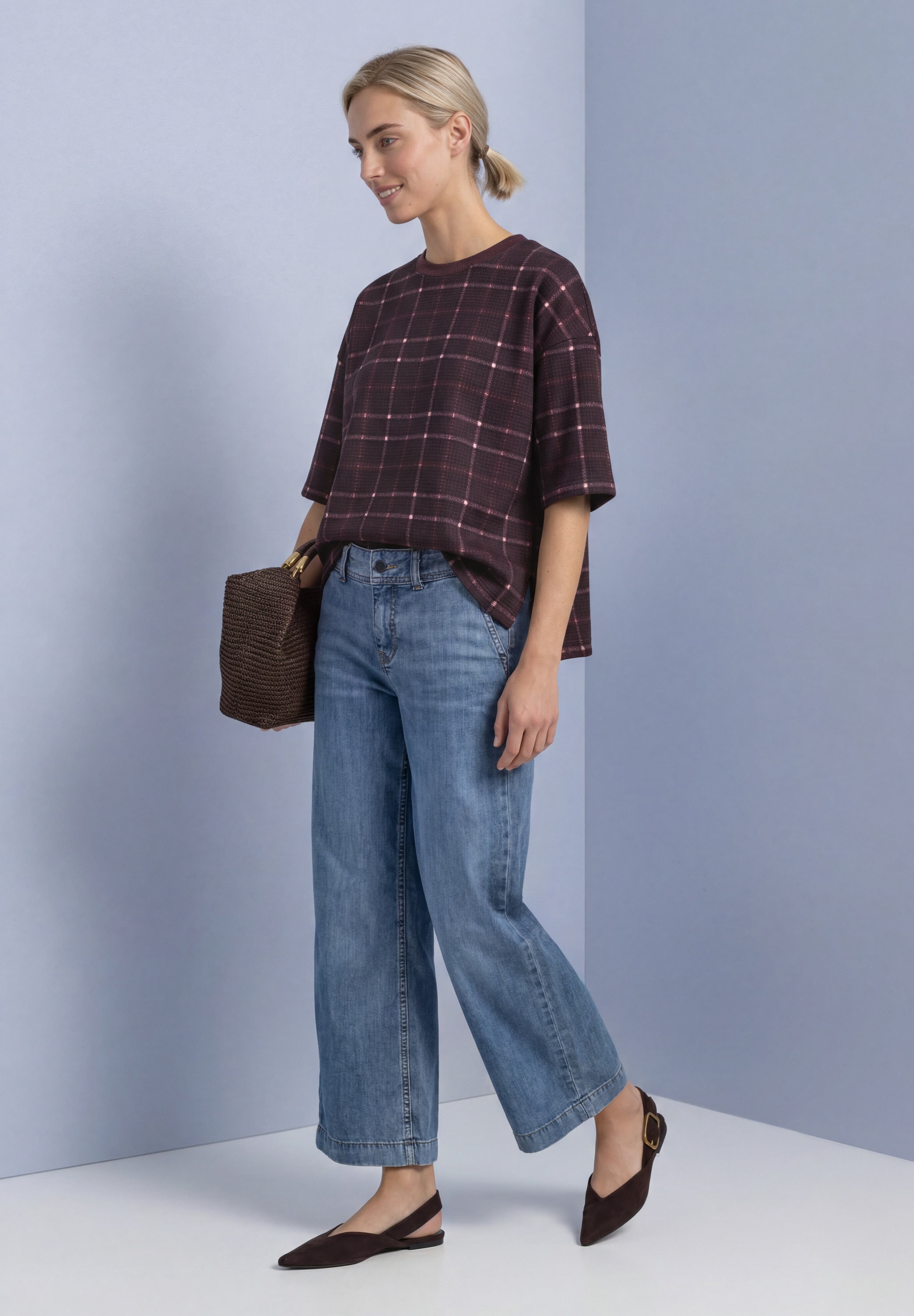 STREET ONE Sweater , Kurzarm Sommer-Sweatshirt / Kariert / Boxy Crewneck
