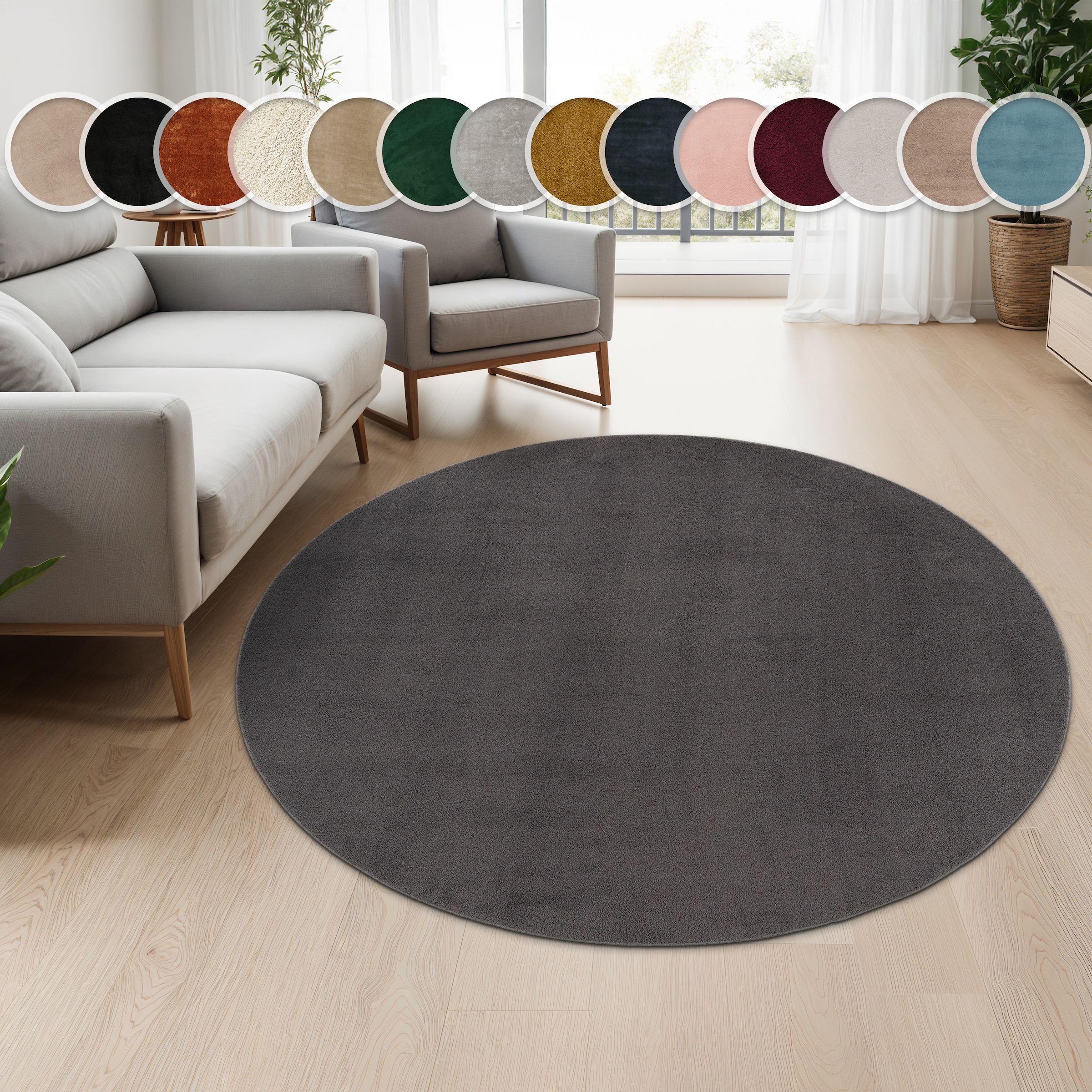 Paco Home Teppich »Cadiz 630« rund 14 mm Höhe Kurzflor, Uni-Farben, besonders weich, waschbar, Wohnzimmer
