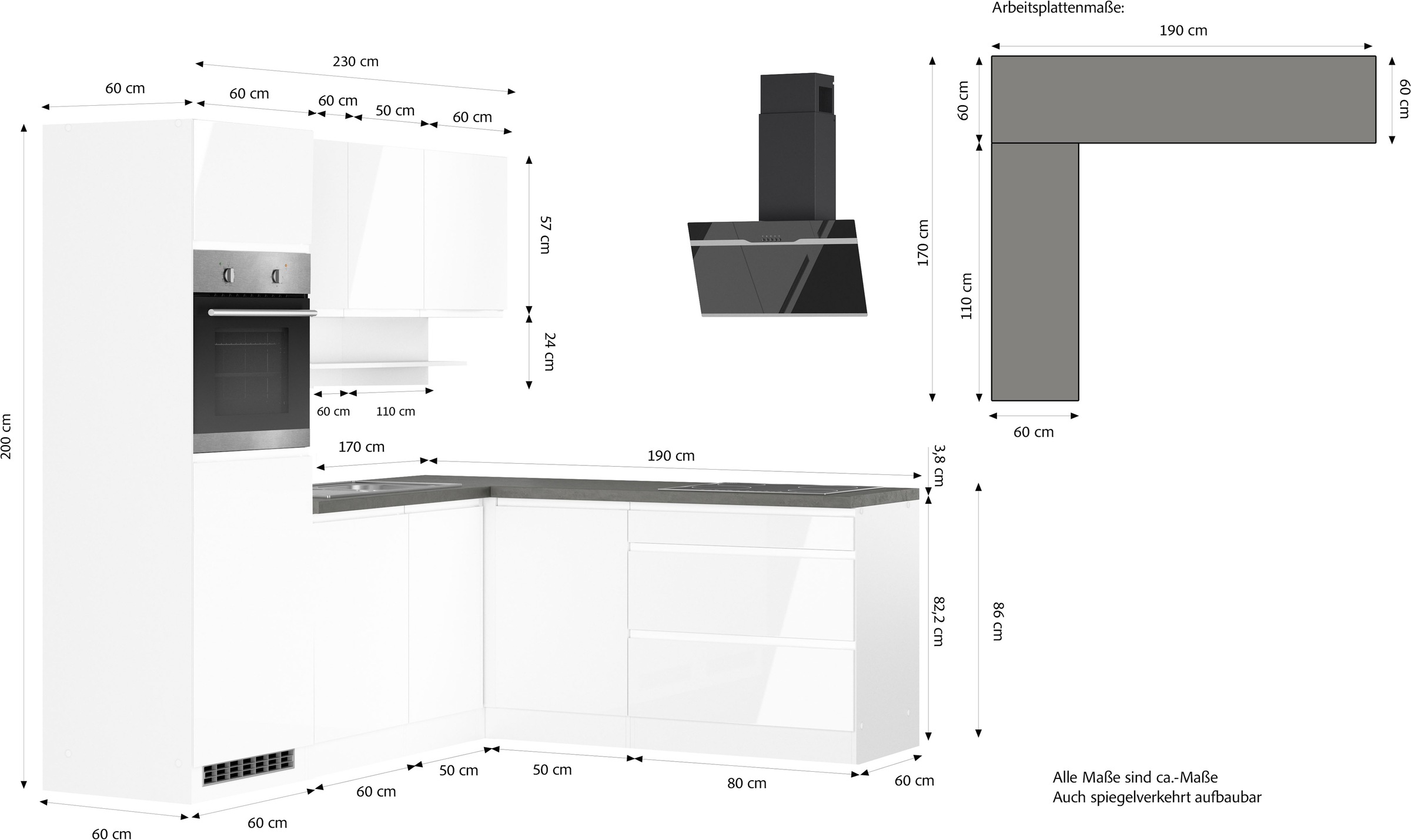 KOCHSTATION »KS-Virginia,neu in verbesserter Ausführung« Arbeitsplatte 38 mm stark, Stauraum, Softclose,  Stellbreite 230/190 cm, Soft-Close, ohne E-Geräte