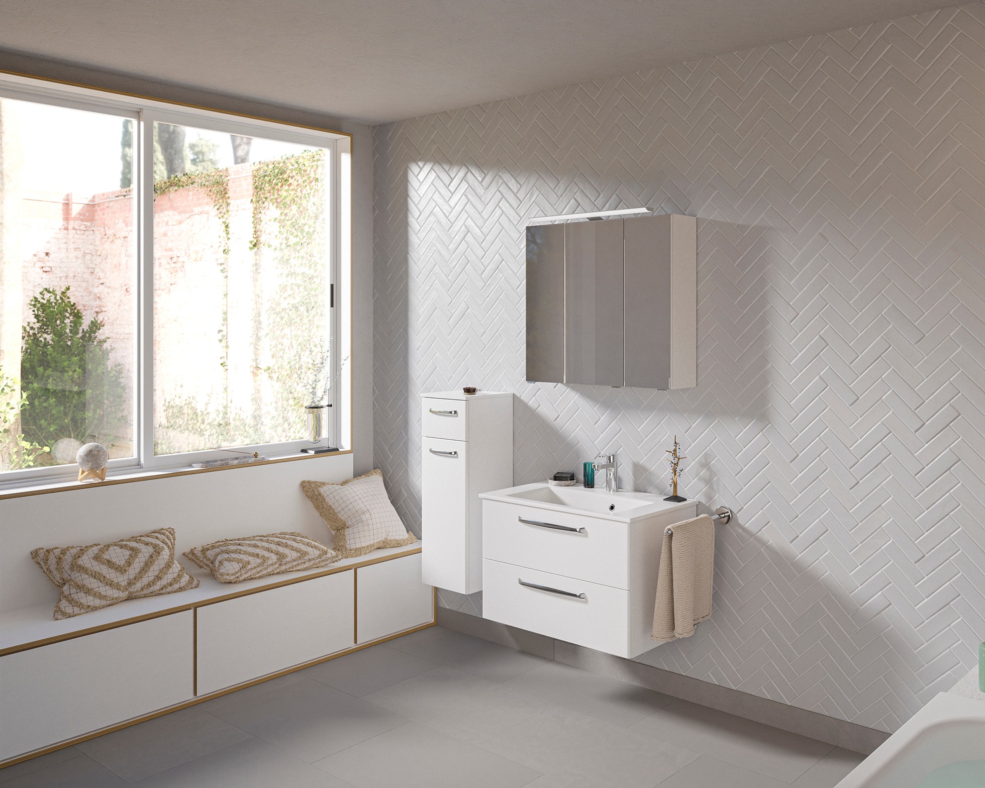 Saphir Badmöbel-Set »Badmöbel-Set Trentino 3-tlg Mineralmarmorwaschtisch LED-Spiegelschrank«, (4 St.), Badezimmer-Set mit Unterschrank inkl. Türdämpfer