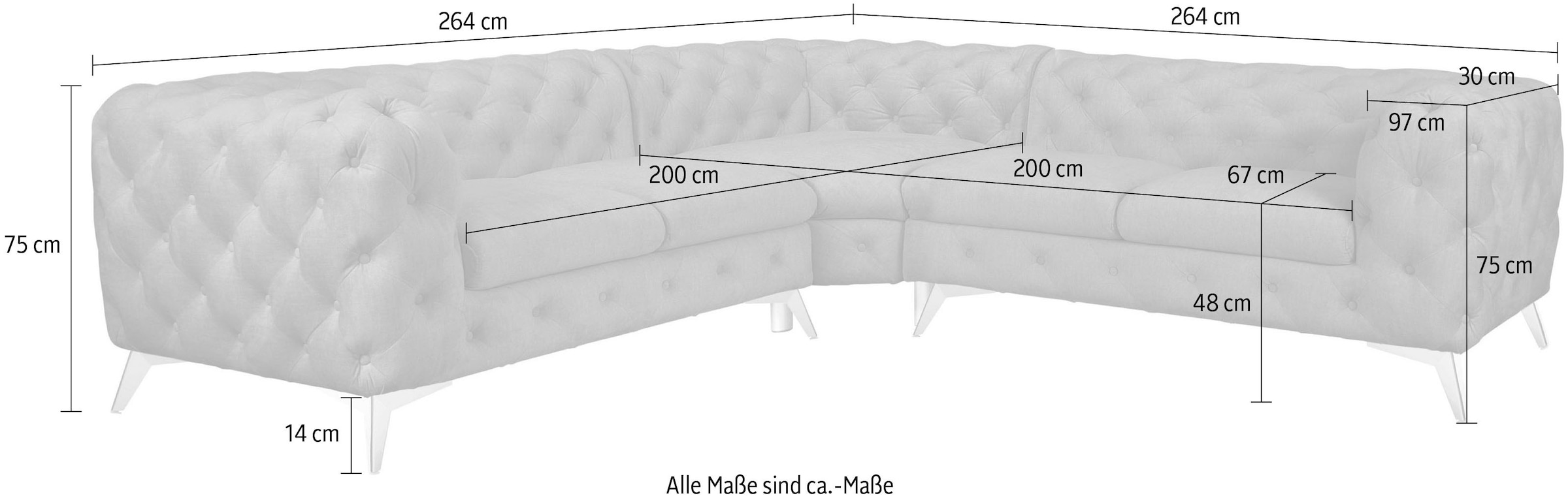 Leonique Chesterfield-Sofa »Ecksofa GLYNIS L-Form mit Wellenunterfederung, Maße B/T/H 264/264/75cm«, aufwändige Knopfheftung, moderne Chesterfield Optik, Fußfarbe wählbar