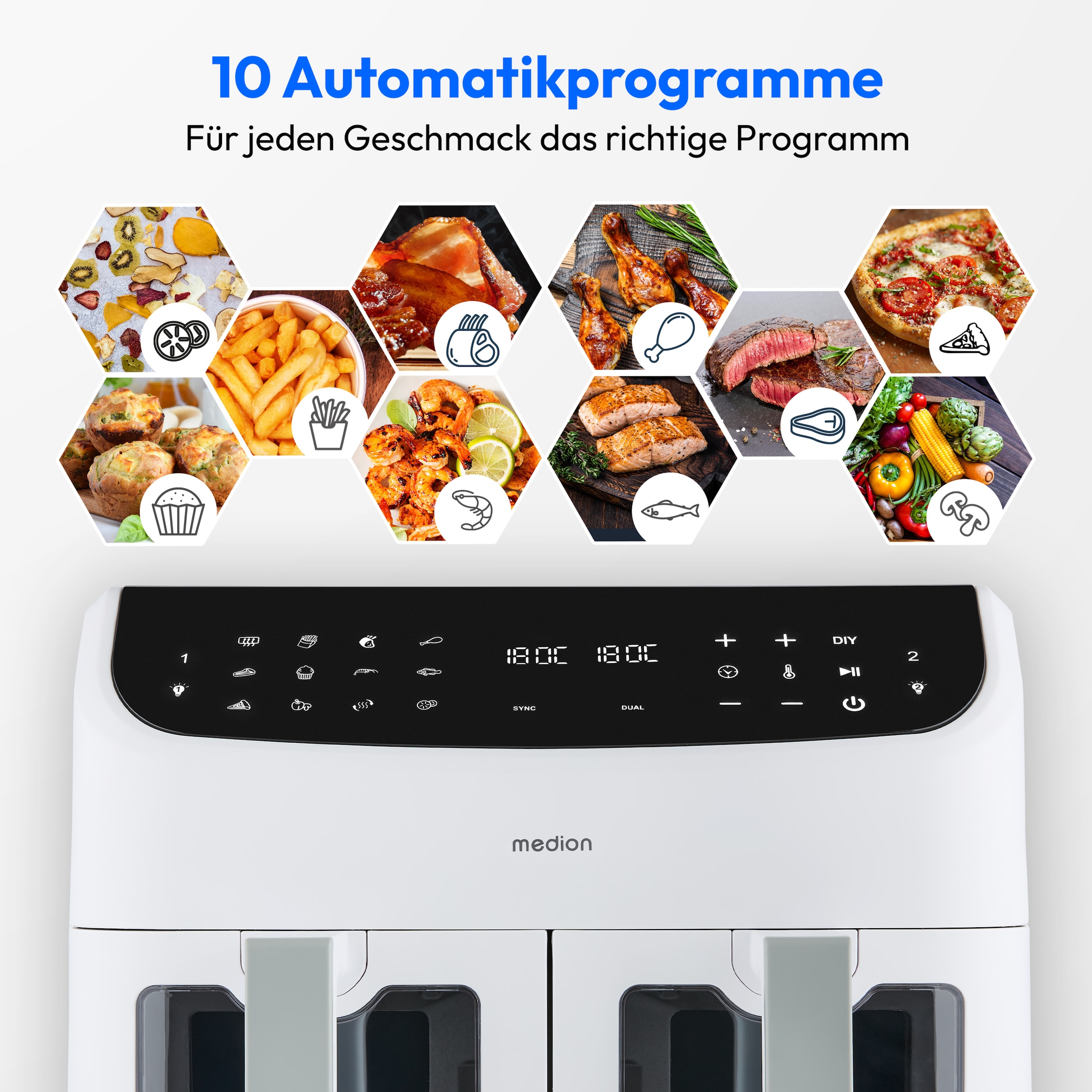 Medion® Heißluftfritteuse »MD 11760 P20XXL Twin«, 2400 W, Temperatur 50 - 200 °C, ILAG Beschichtung, Sync-Finish