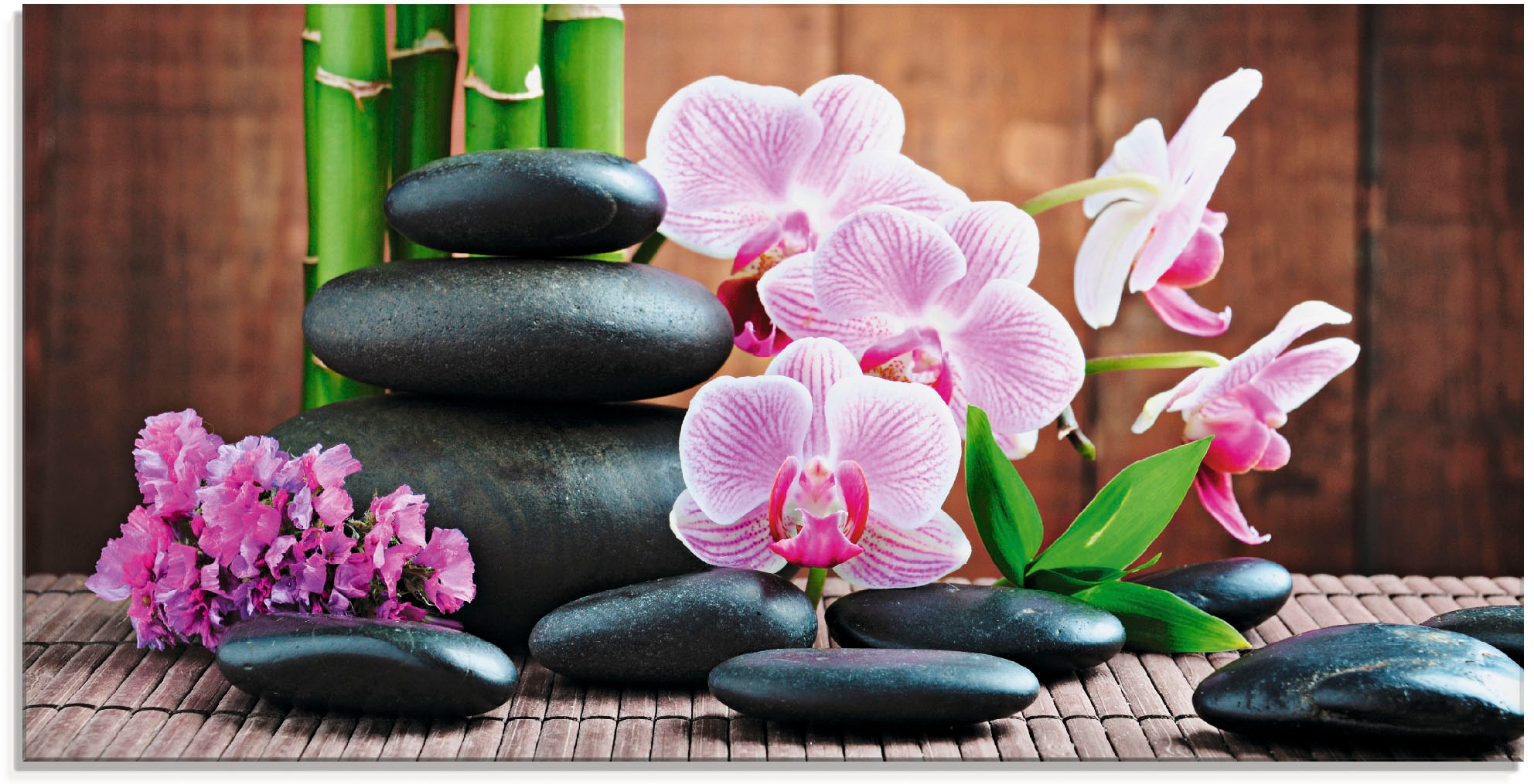 Glasbild ARTLAND "Spa Konzept Zen Steinen Orchideen", pink (farbe bild(er): pink), B:100cm H:50cm, Bilder, in verschiedenen Größen