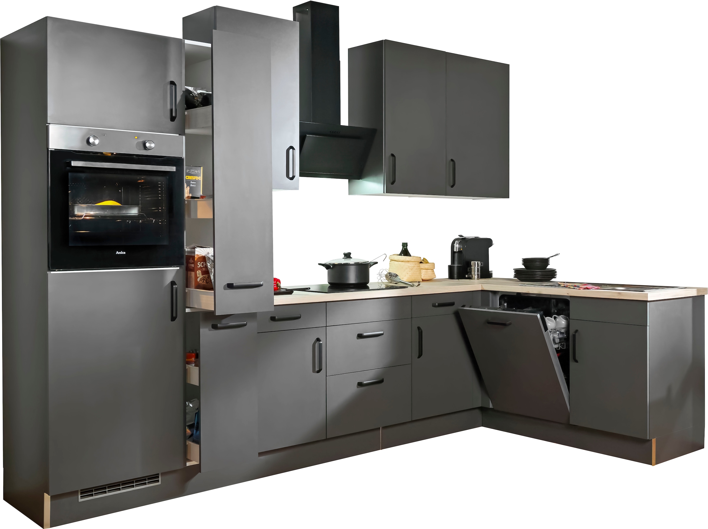 wiho Küchen Winkelküche »"Simi", mit verstellbaren Füßen, wahlweise mit E-Geräten«, Soft-Close-Funktion in Schubkästen & Auszügen, Stellbreite 315/175 cm