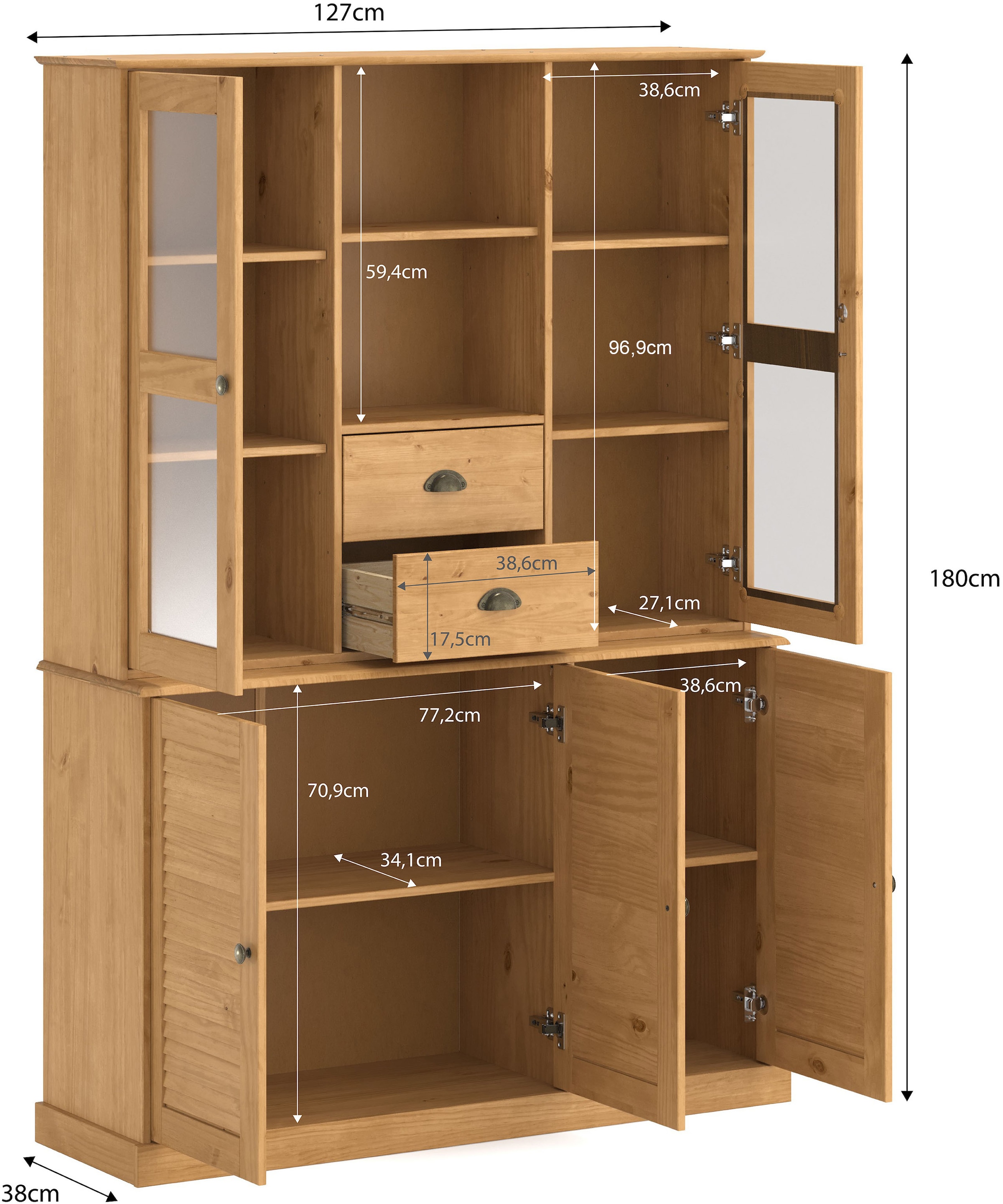OTTO home Buffet »Turia« mit Glas- u. Lamellentüren, aus massivem Kiefernholz FSC®, Höhe 180 cm
