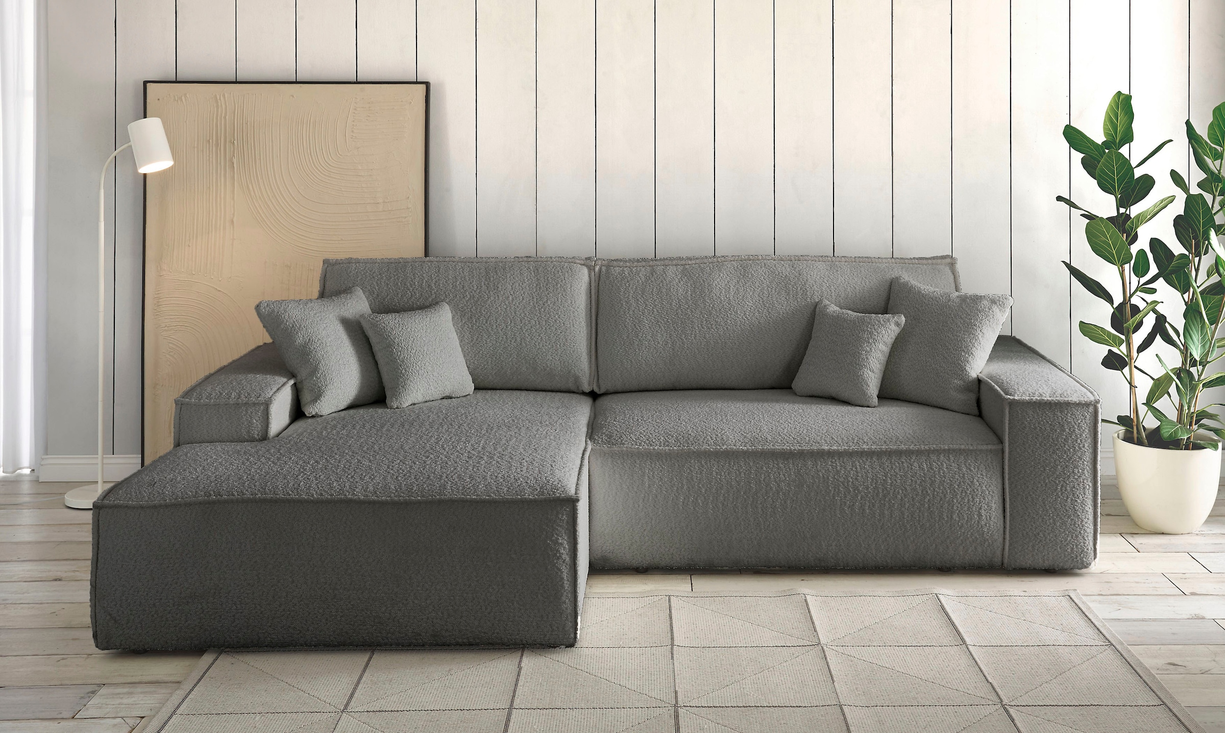 OTTO home Ecksofa "FINNLEY Bouclé, L-Form 257 cm, Schlafsofa" mit Bettkasten, in Bouclé, Struktur fein und Mega Cord