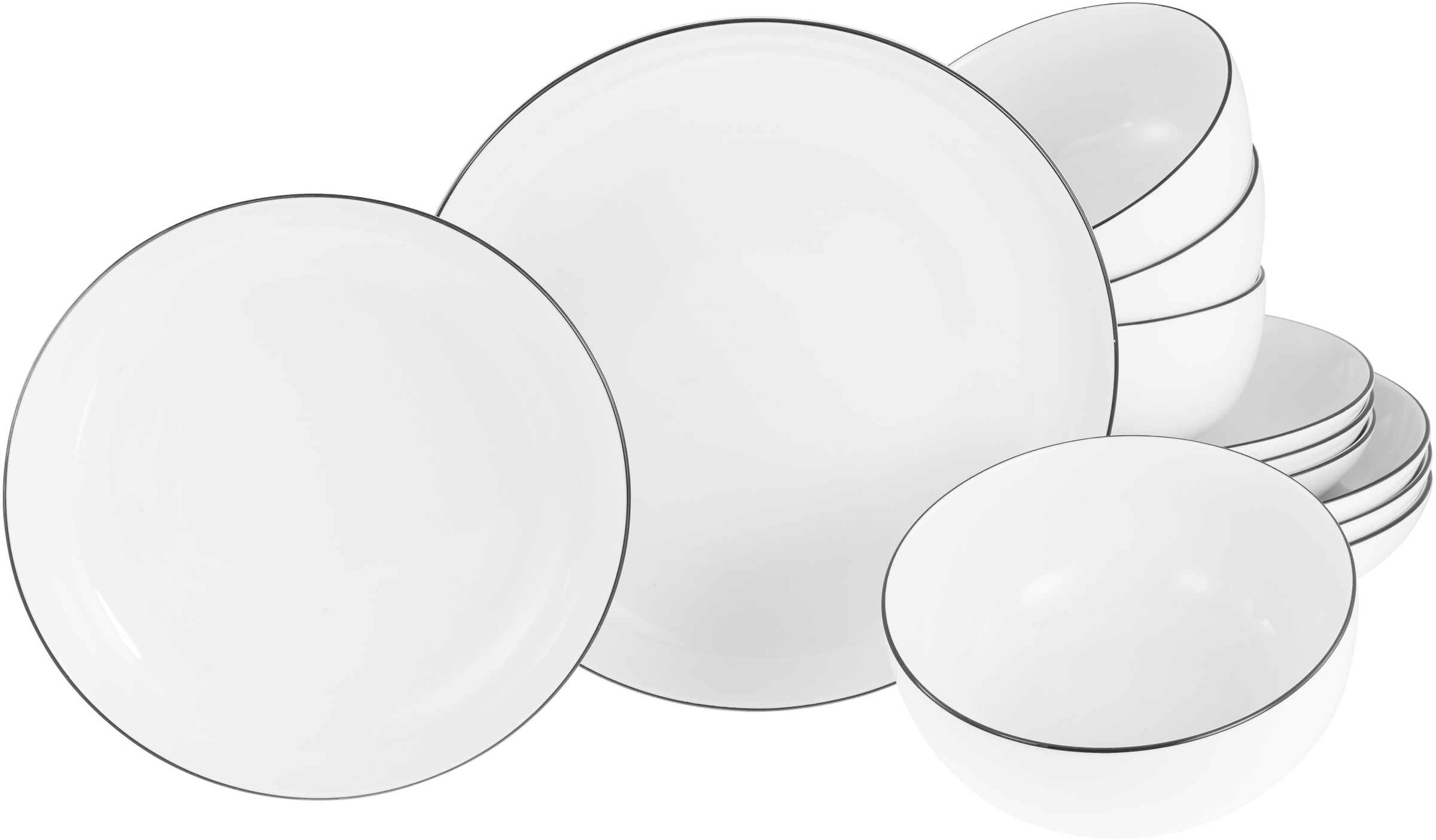 Teller-Set CREATABLE "Allround Black Line, Tellerset 12-tlg", schwarz-weiß (weiß, schwarz), 12 Stk., Porzellan, Geschirr-Sets, Teller Set, Daily Use, Zeitlos