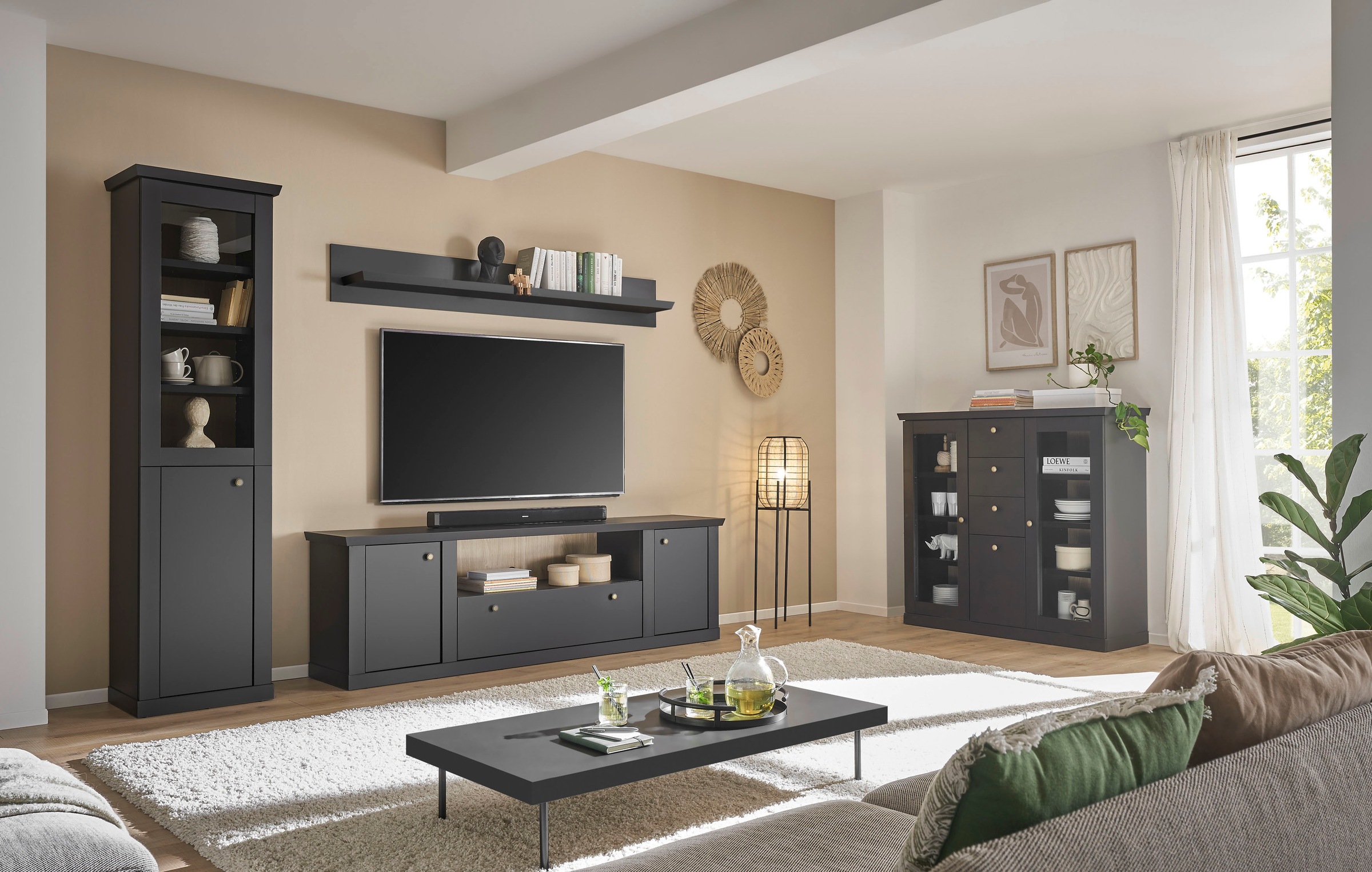 Home affaire Highboard »Lincoln, moderner Schrank, schwarzer Stauraumschrank, 129 cm breit« edles Design, messingfarbene Knopfgriffe, vielseitig einsetzbar
