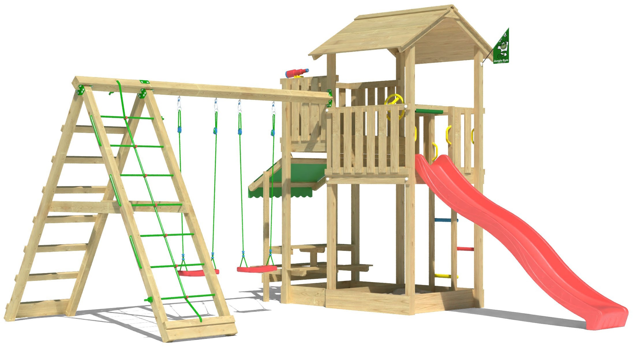 JUNGLE GYM Kinder Spielturm "Veranda", rot, Holzwerkstoff, B:454cm H:310cm T:437cm, Spieltürme, Spielanlage mit Schaukel, Kletterbock und Rutsche mit