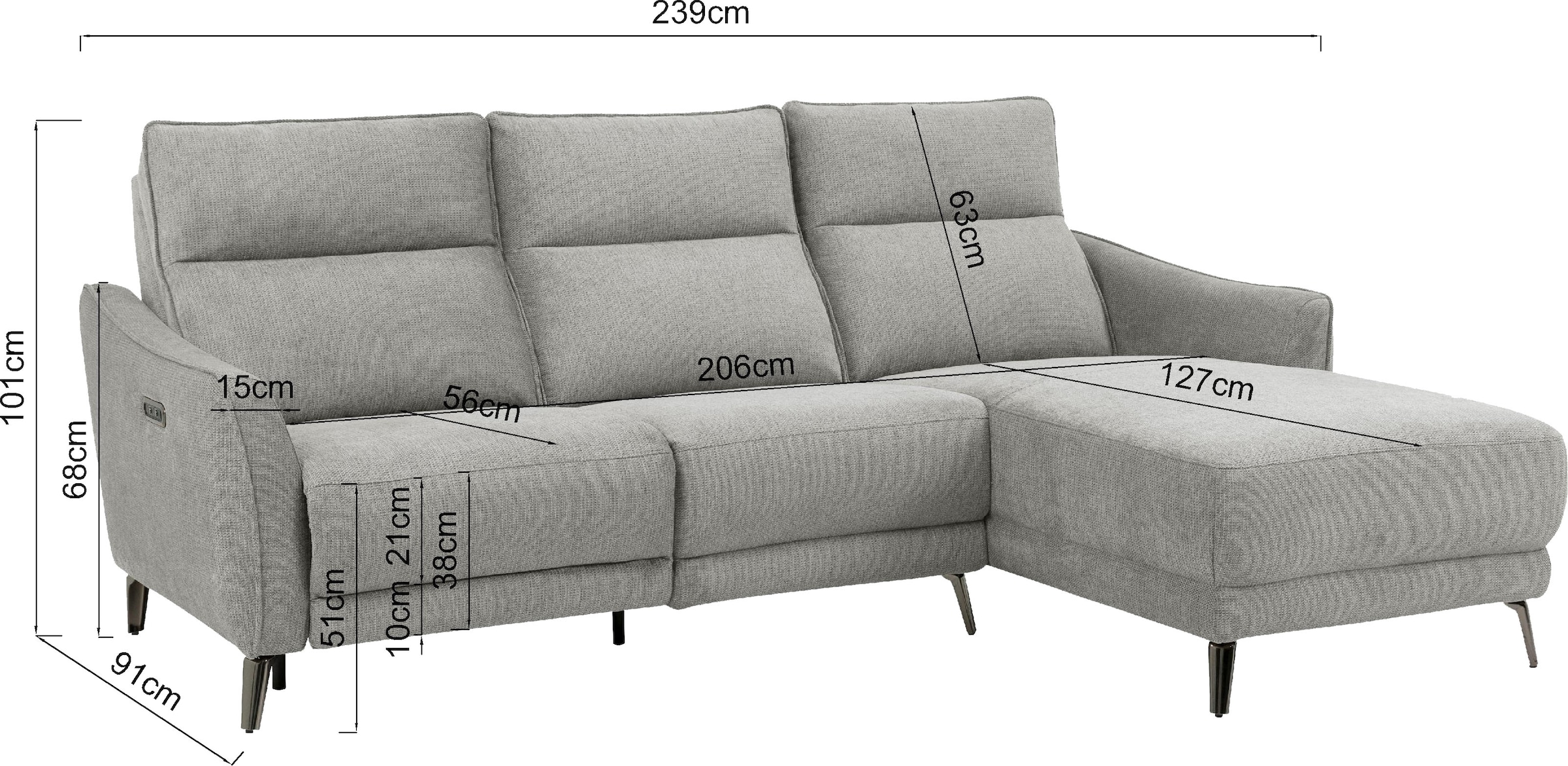INOSIGN Ecksofa »TAYLER 3-Sitzer, L-Form (Breite 239cm), elektr. Relaxfunktion, USB A/C«, und Recamiere, Liegefunktion durch Recliner, Federkernpolsterung