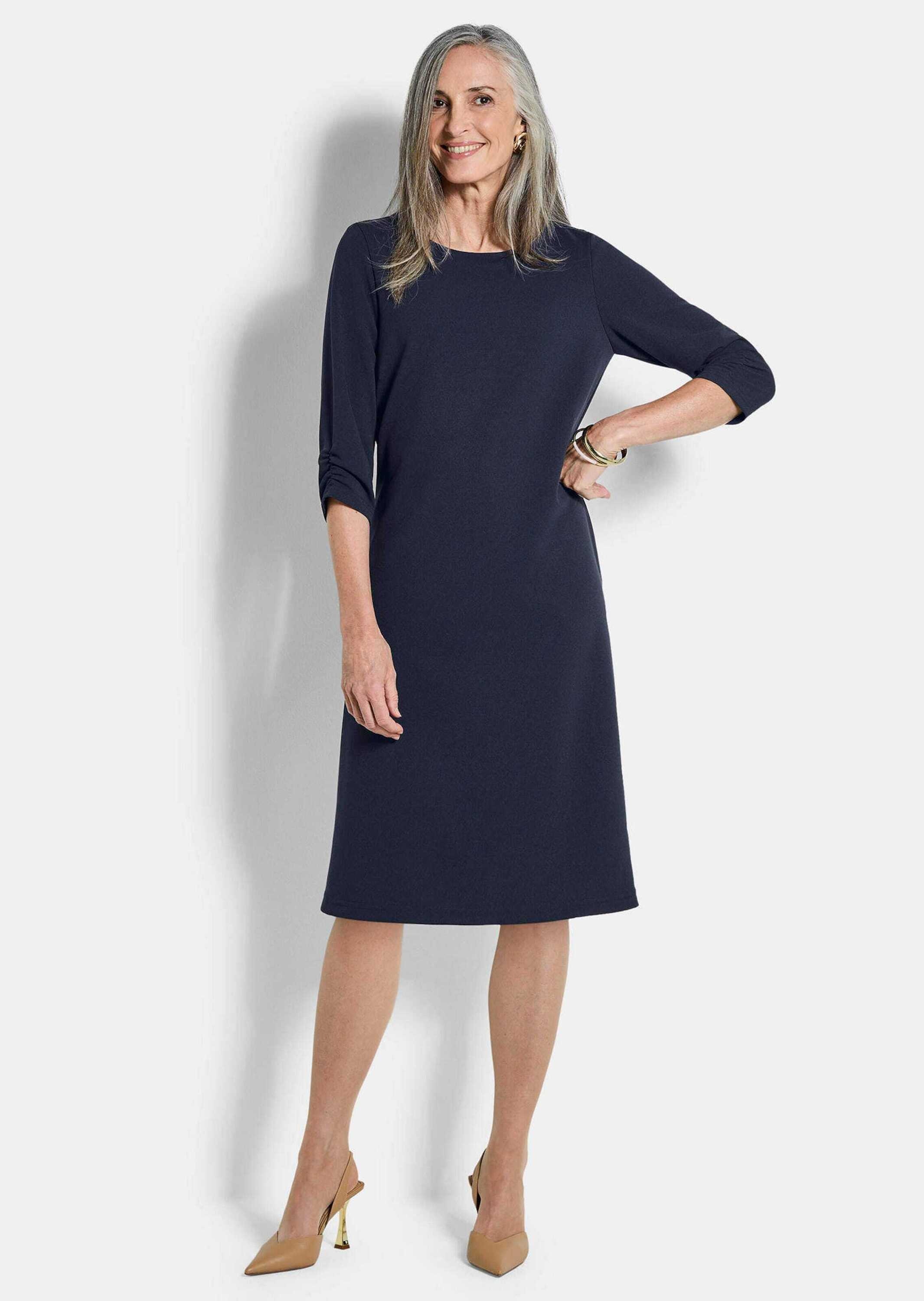 Etuikleid GOLDNER "Kurzgröße Jerseykleid mit Krepp-Qualität", Damen, Gr. 20, K-Gr, blau (marine), Obermaterial: 95% Polyester PES. 5% Elasthan EL., figurumspielend, Kleider Etuikleid, seitliche Nahttaschen 2