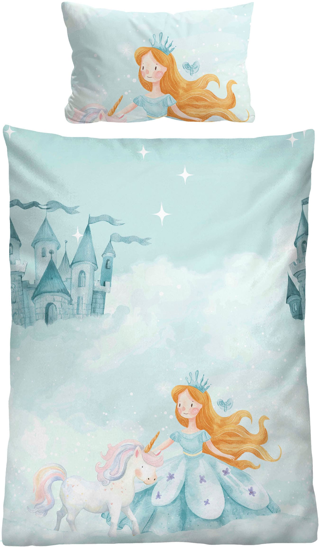 Biberna Kinderbettwäsche "0004524 Prinzessin, Einhorn" 2 Stk. wohlig warm + weich, pflegeleicht, 100% Baumwolle, Reißverschluss