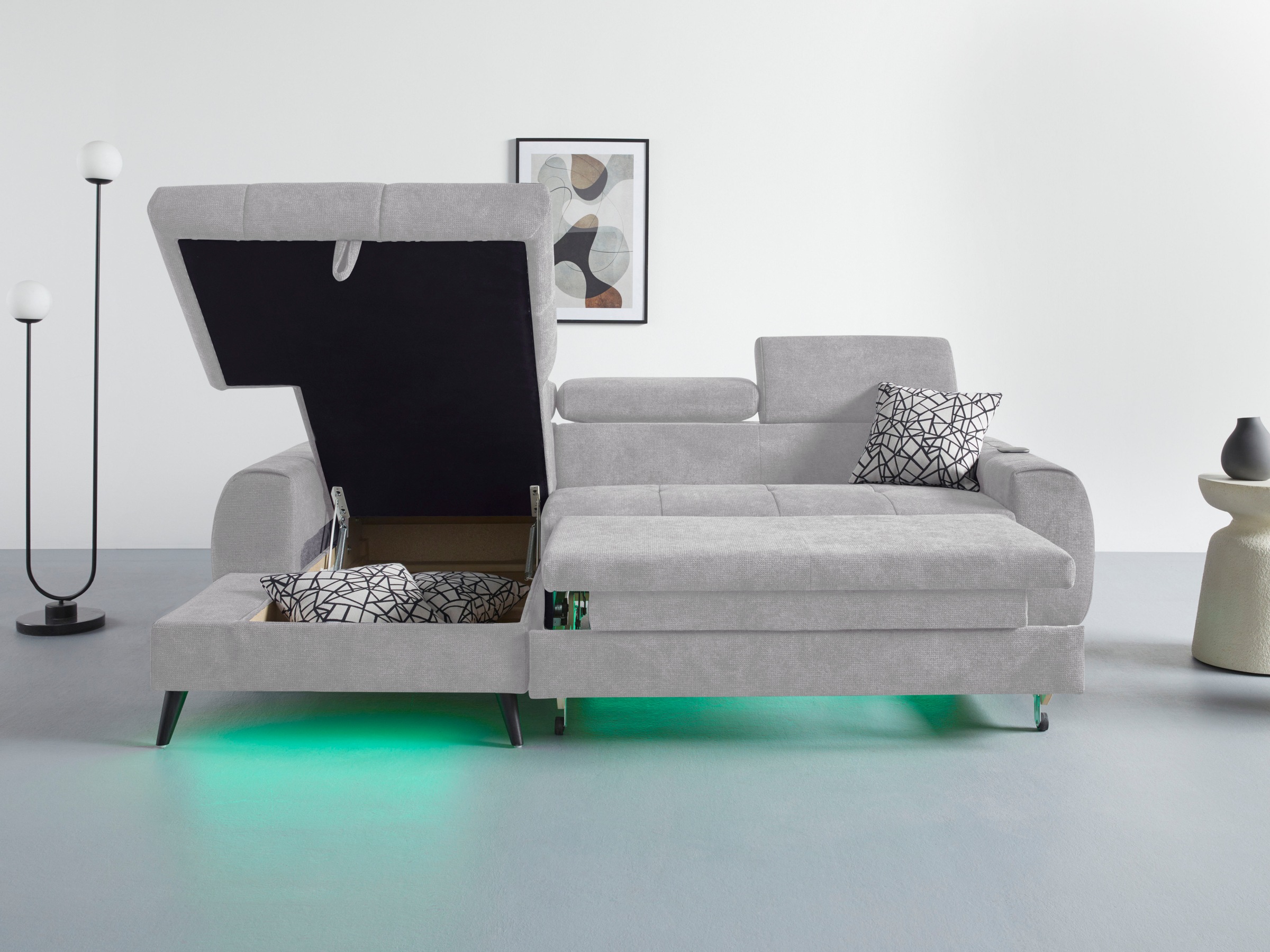 COTTA Ecksofa »Mia L-Form mit 3 Zierkissen«, wahlweise mit Bettfunktion, Bettkasten, Beleuchtung & Wireless-Charger
