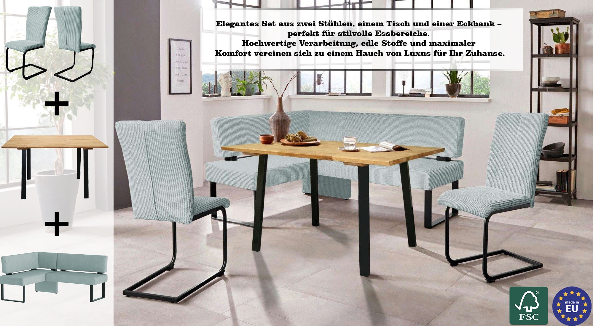 Home affaire Eckbankgruppe »Oliver«, (Set, 4 tlg., 4-tlg), Eckbank mit Wellenunterfederung im Sitz, Tisch Massiv Eiche