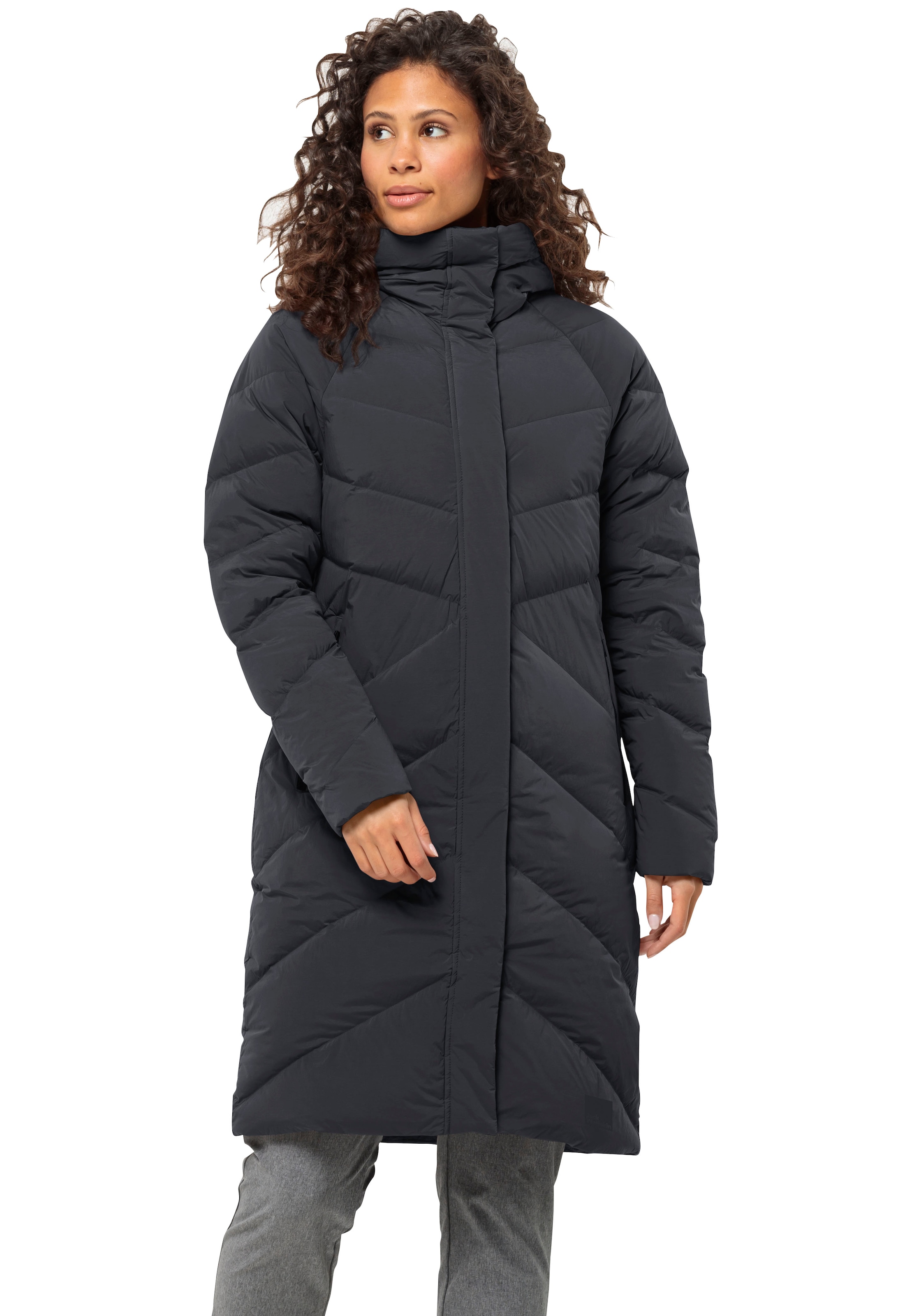 Jack Wolfskin Daunenmantel "MARIENPLATZ COAT W" mit Kapuze, atmungsaktives TEXASHIELD Material, winddicht