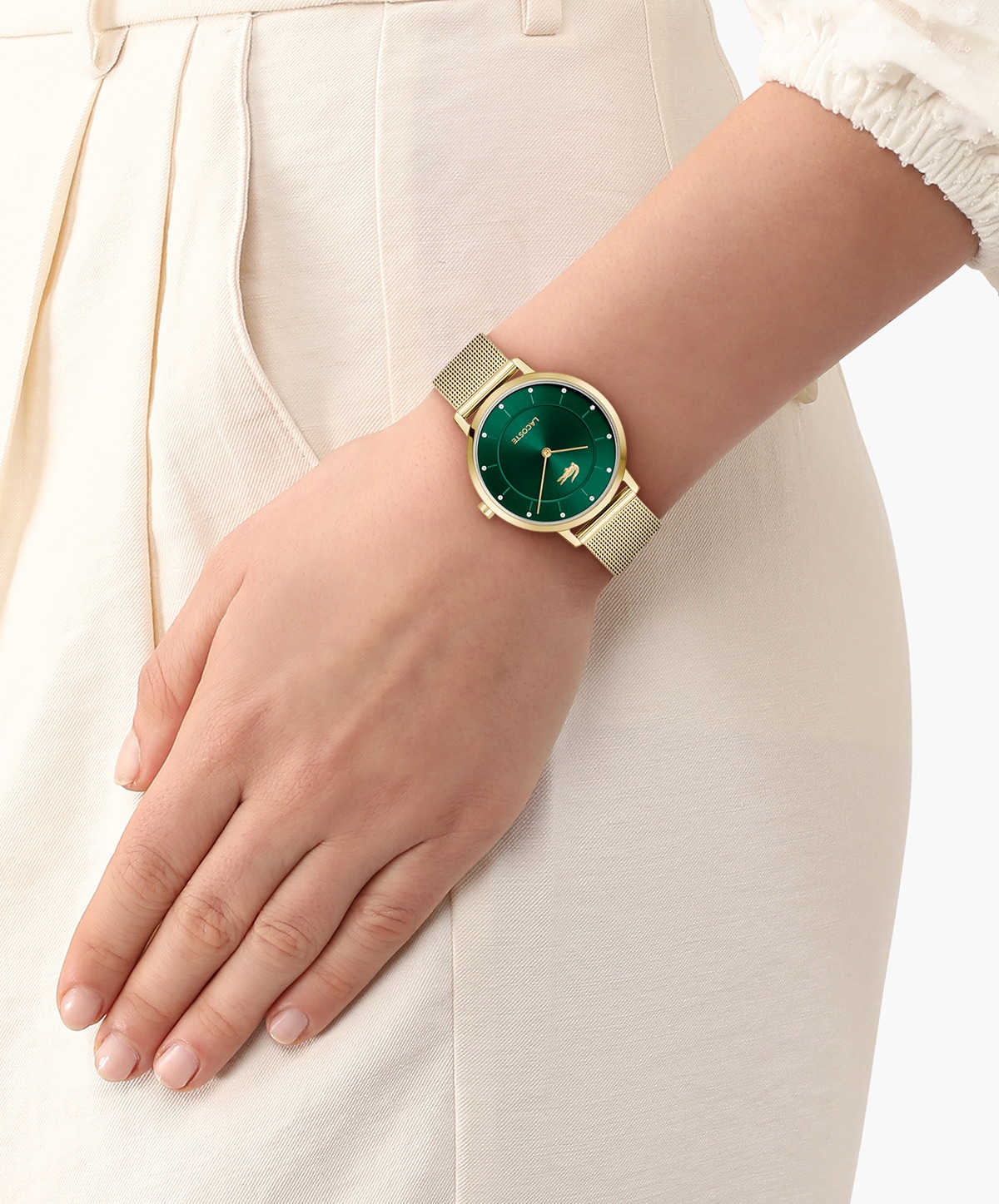 Lacoste Quarzuhr »CROCORIGIN« Armbanduhr, Damenuhr, Edelstahlarmband, analog, Glassteine