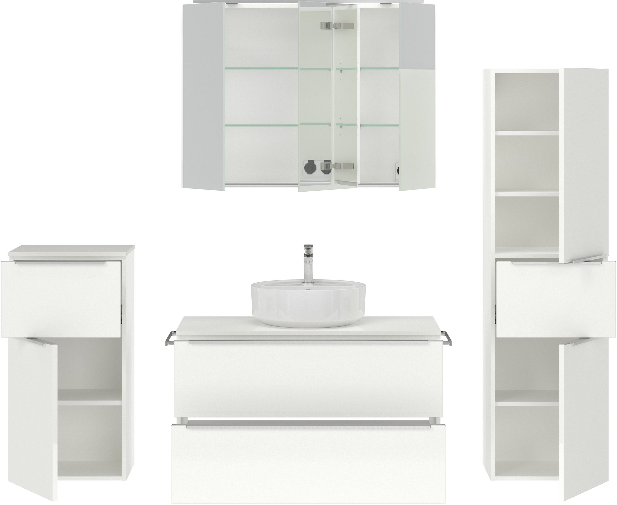 nobilia® Badmöbel-Set »Alvene«, (4 St., vormontiert, mit Soft-Close), inkl. Spiegelschrank mit Beleuchtung und Dimmerfunktion, in 4 Breiten