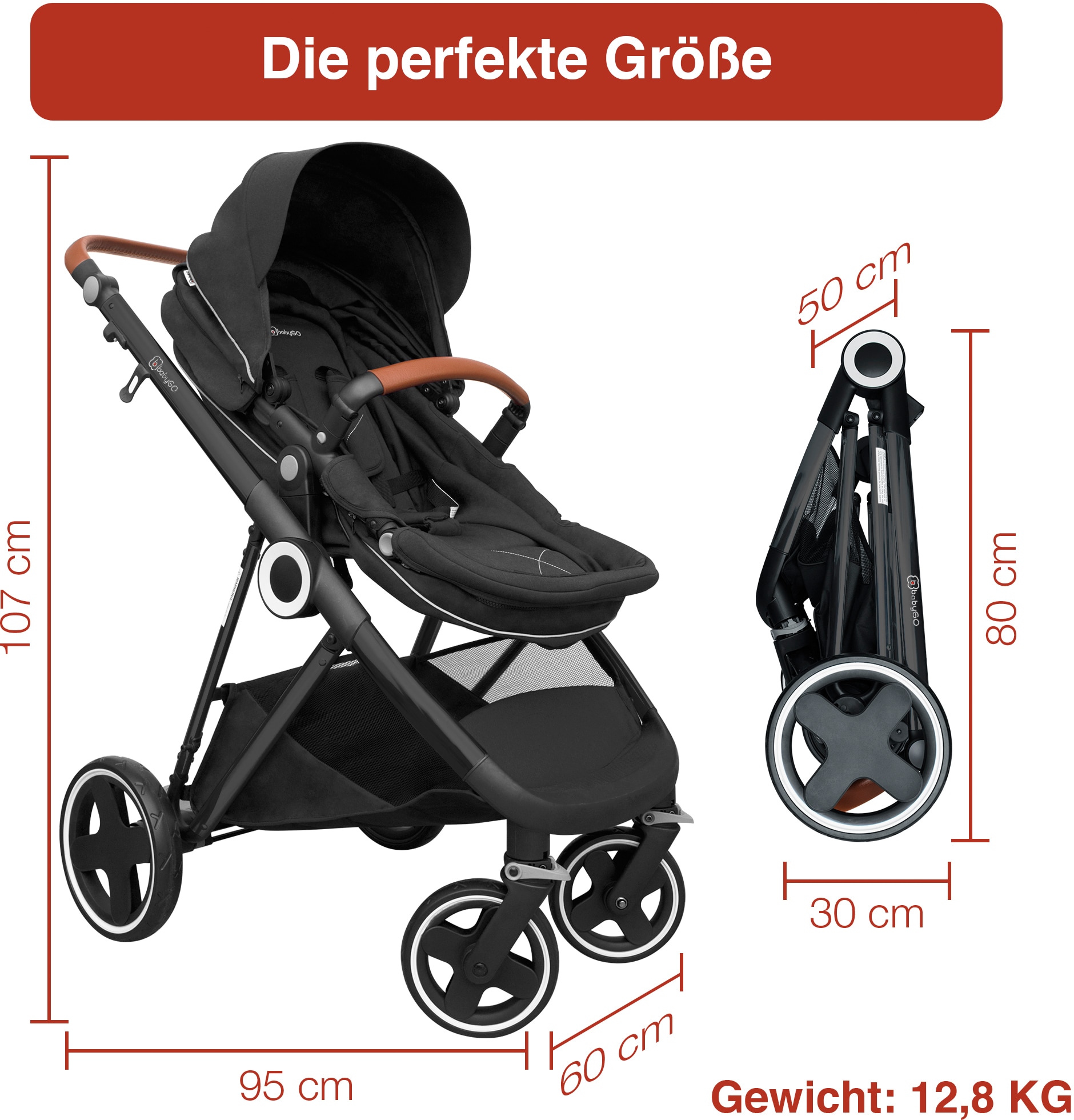 BabyGo Kombi-Kinderwagen »Halime 3in1, Anthracite Black«, inklusive Babywanne, Babyschale, Regenhaube & Wickeltasche