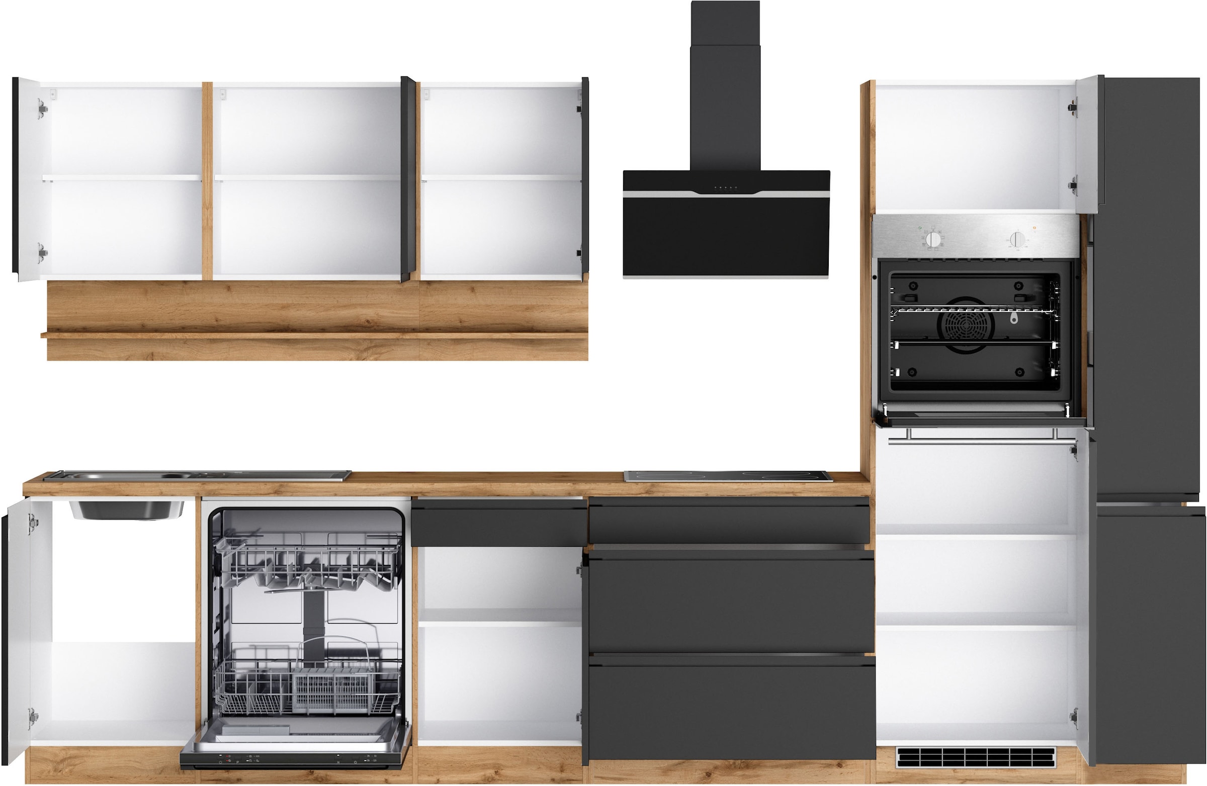 KOCHSTATION Küchenzeile »KS-Virginia,neu in verbesserter Ausführung« Arbeitsplatte 38 mm stark, Stauraum, Softclose,  Breite 330 cm, Soft-Close, ohne E-Geräte