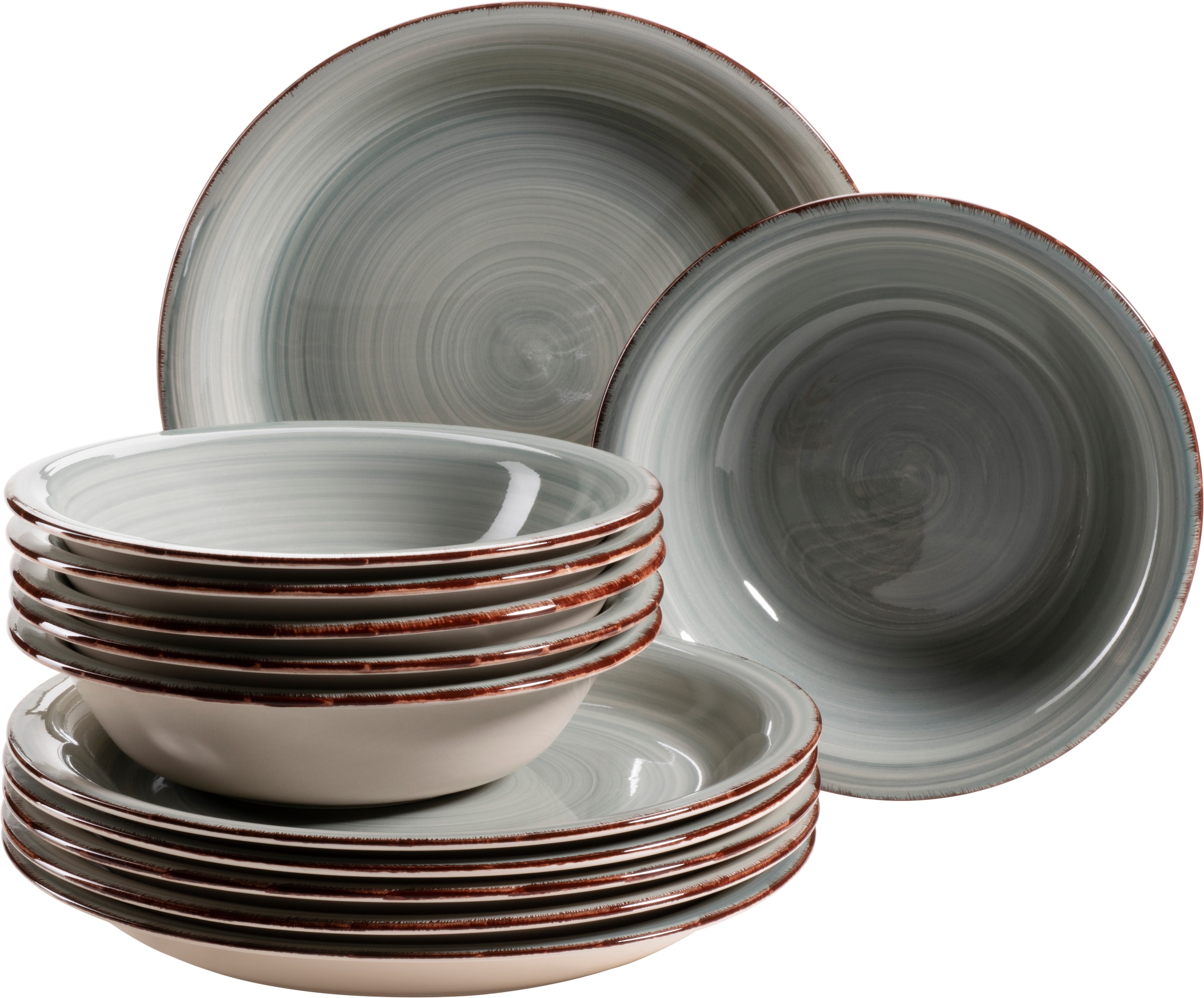 OTTO home Tafelservice "Teller Set, Geschirr-Set BELL TEMPO, Keramik, 12 Teile für 6 Personen" rustikale Holzoptik mit Spiraldekor, 12 Teile, für 6 Personen