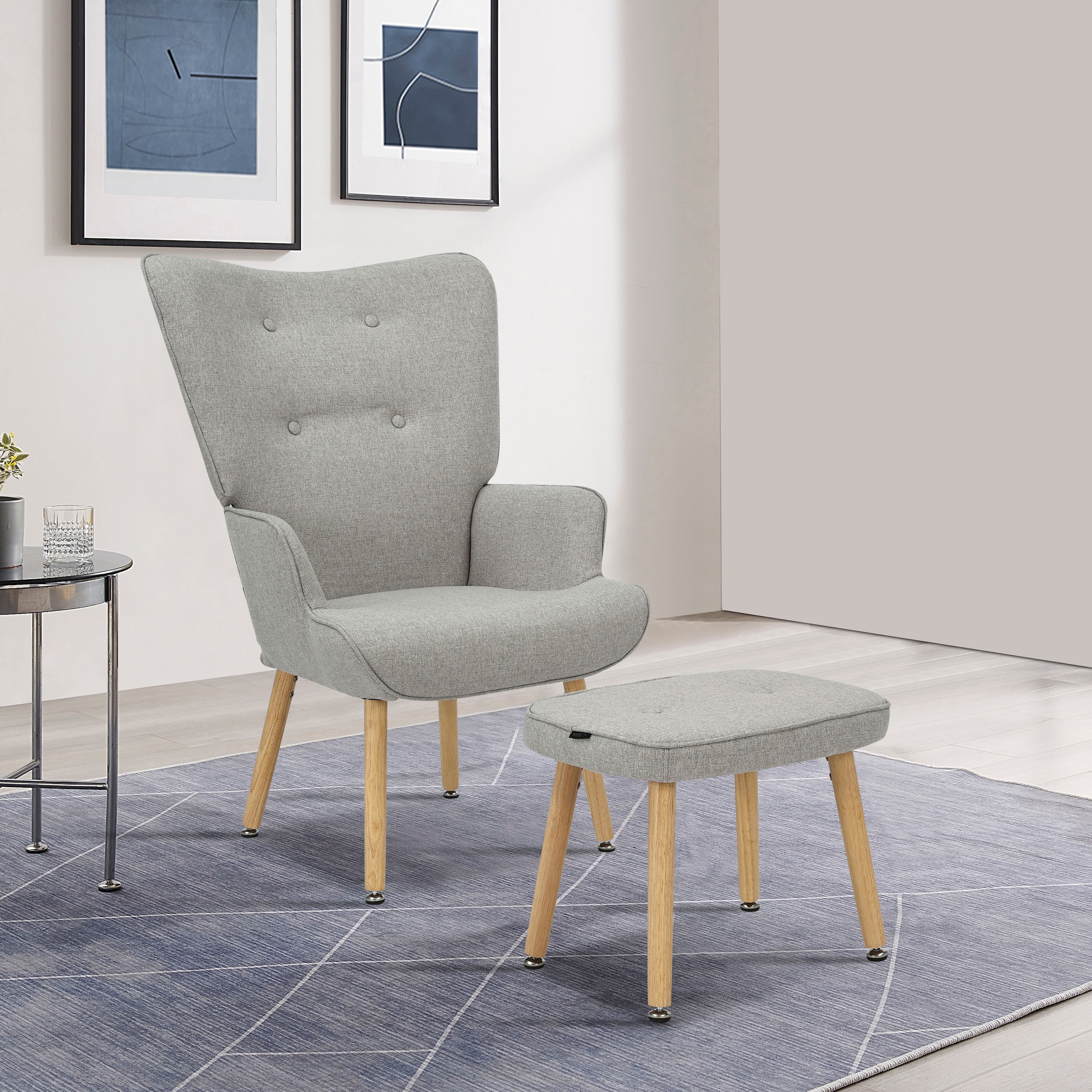 INOSIGN Ohrensessel »PERHAM, Sessel mit Hocker im Set, Knopfheftung, Massivholz-Füße,«,...