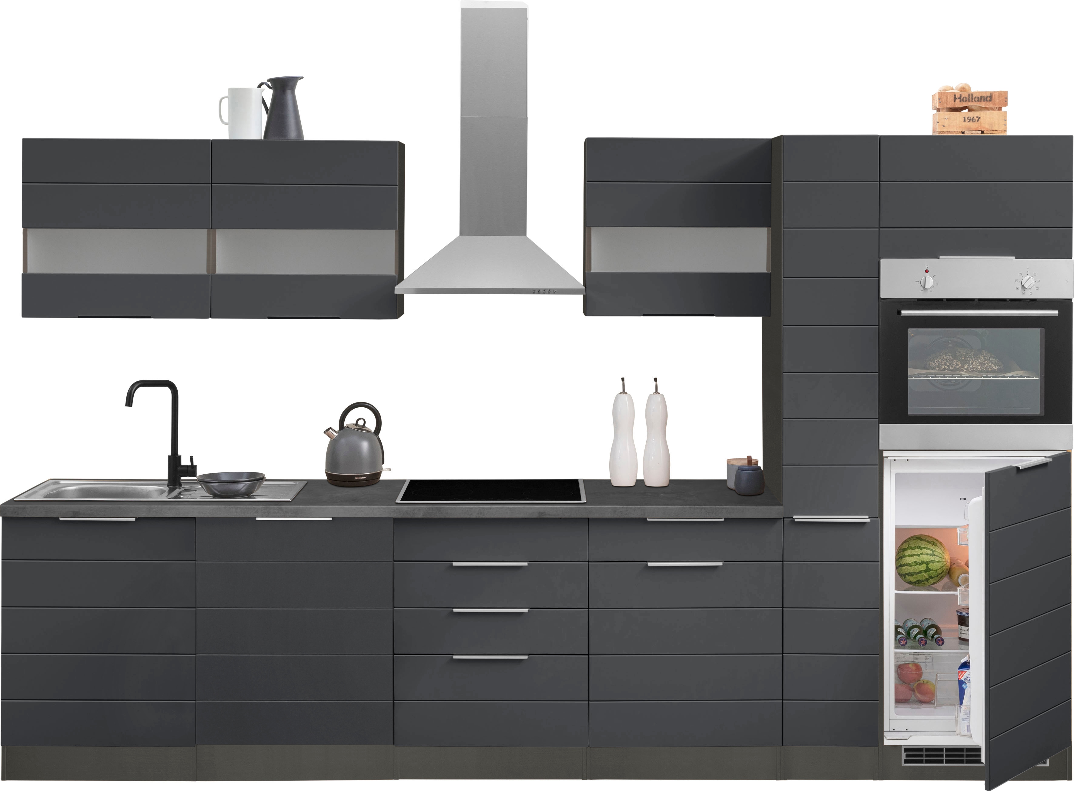KOCHSTATION "KS-Luhe" 330 cm breit, wahlweise mit oder ohne E-Geräten, gefräste MDF-Fronten