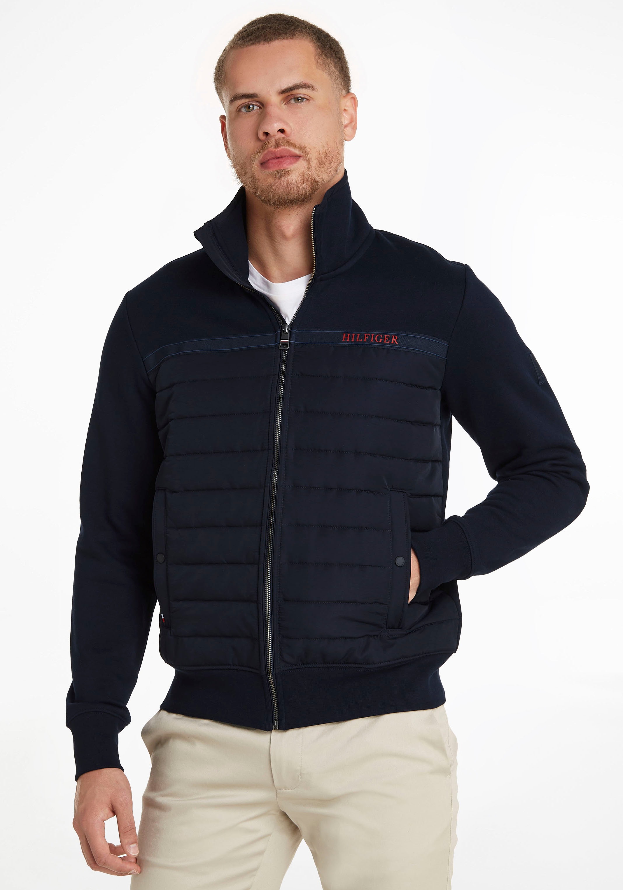 Tommy Hilfiger Sweatjacke »MIX MEDIA TAPE ZIP THROUGH«, mit Stehkragen und Steppungen kaufen