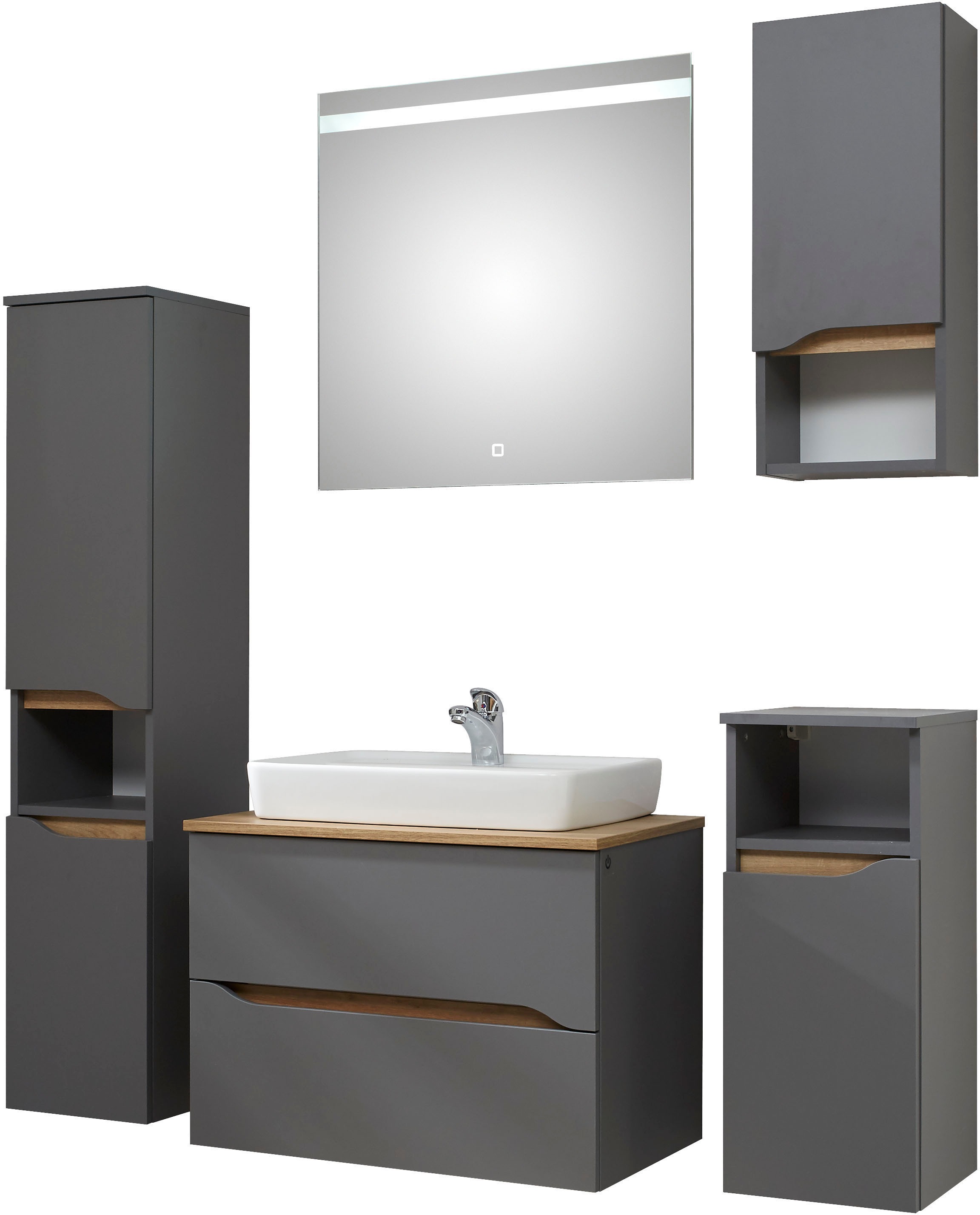 Saphir Badmöbel-Set »Quickset 5-teilig, Keramik-Aufsatzbecken mit LED-Spiegel«, (7 St.), Midischrank, Unterschrank, Hängeschrank, inkl. Türdämpfer, 6 Türen