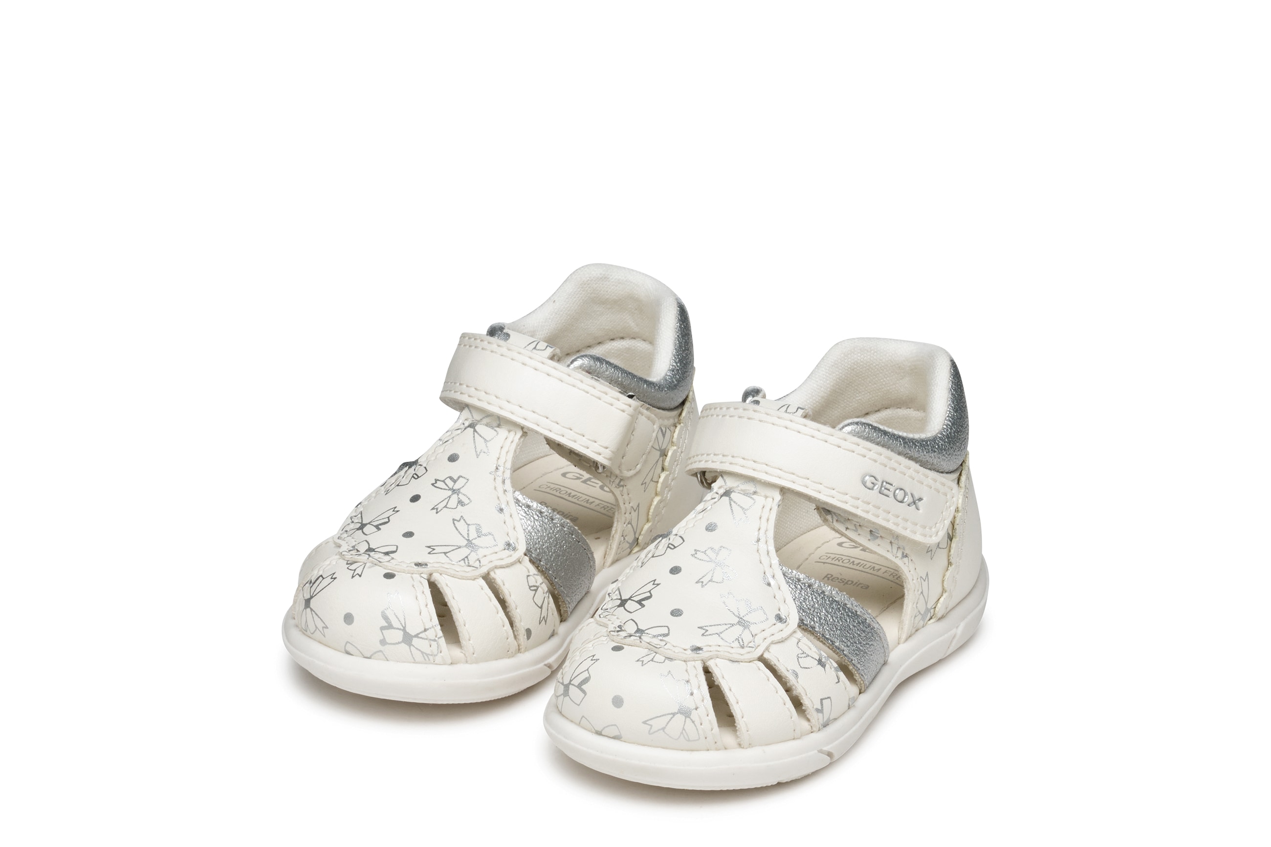 Lauflernschuh GEOX "B SANDAL ZAPITO GIRL", Baby, Gr. 26, weiß, silberfarben, Lederimitat, Schuhe Lauflernschuh, Babyschuh, Sommerschuh, Klettschuh, Größenschablone zum Download
