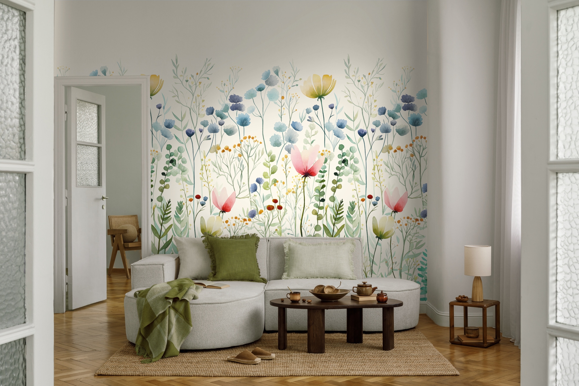 living walls Fototapete »The Wall 4 Flowers – Blumenwiese mit Blätterranken Vlies-Fototapete« botanisch | floral | matt leicht strukturiert Blumenwiese mit Blätterranken – natürlicher Tiefenwirkung
