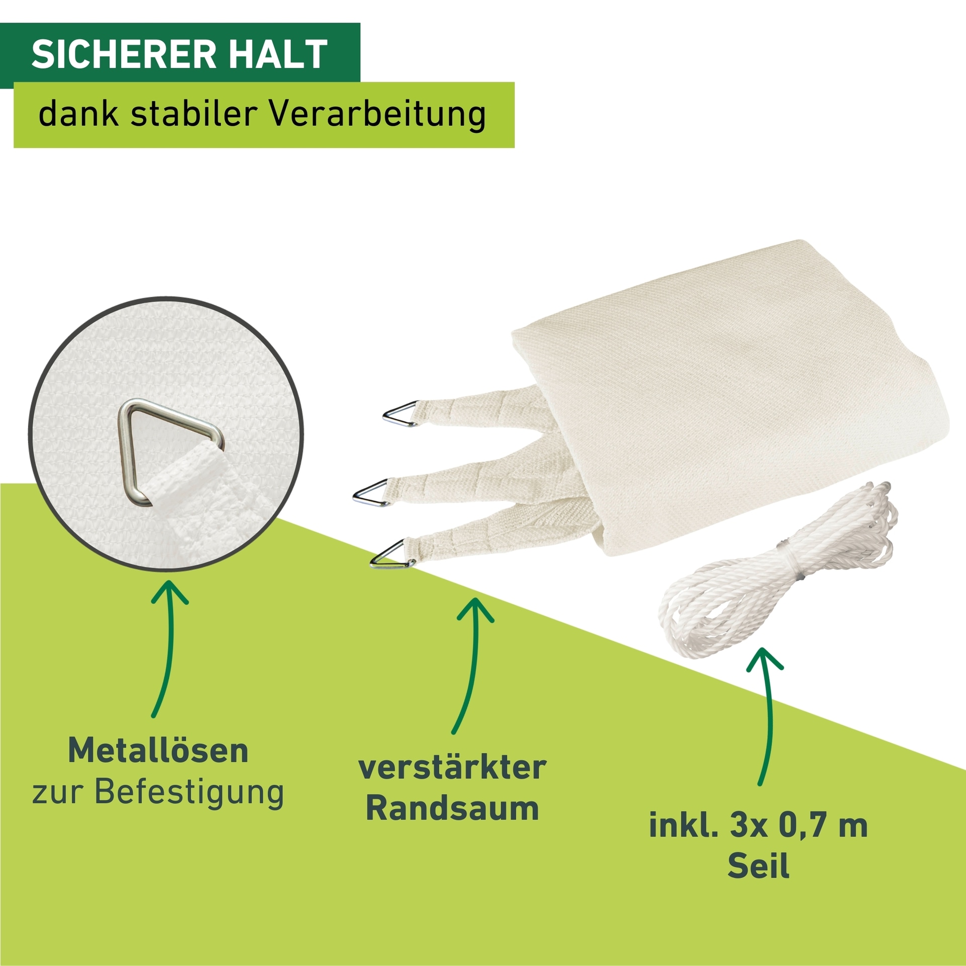 Windhager Sonnensegel »Sonnenschutz aus pflegeleichtem HDPE-Gewebe, Sonnensegel Dreieck« wind- und wasserdurchlässig, 5x5x5 m, inkl. 3x0,7 m, weiß