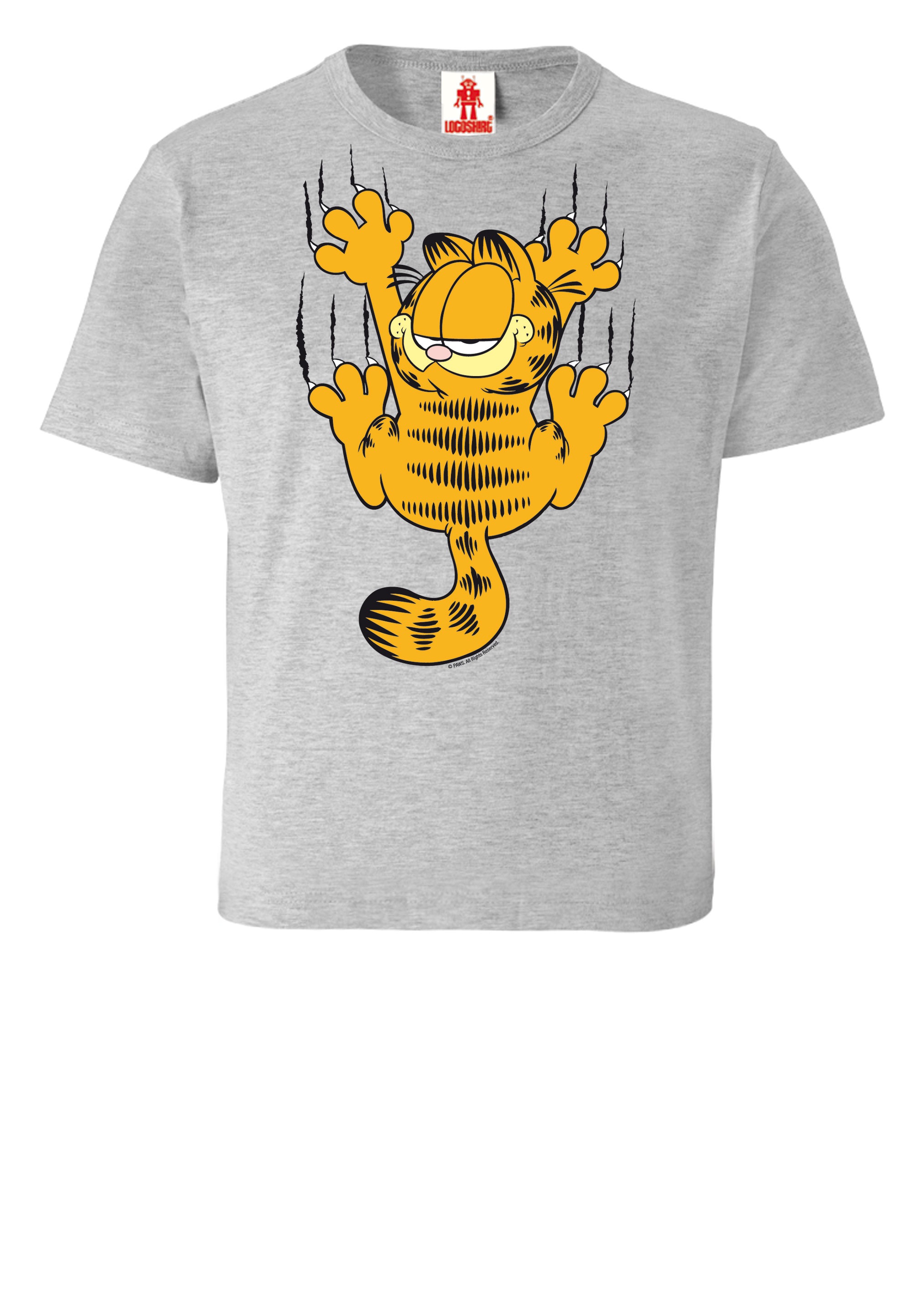 T-Shirt LOGOSHIRT "Garfield", Mädchen, Gr. 128, grau (grau, meliert), 100% Baumwolle, bedruckt, meliert, normal, Rundhals, Shirts T-Shirt, mit witzigem Print 2
